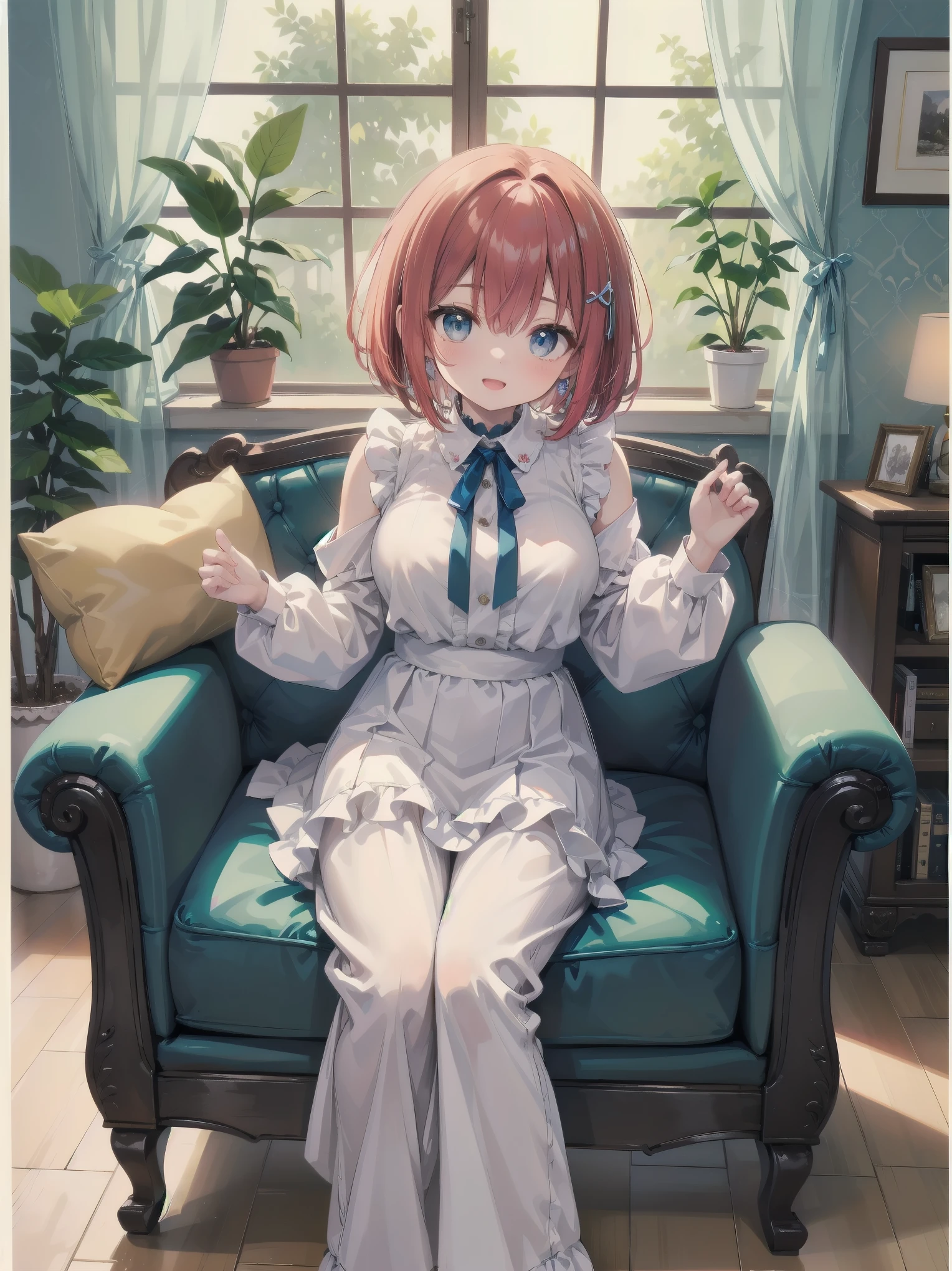 Scene Description: - Composition: Portrait. Focus on the face. Shot from the front. - Subject: Cute girl. (Chibi:1.1). Real person. - Features: - Face: (Cute round face:1.2). - Eyes: Detailed dark blue eyes. - Hair: One-leg bob-cut hair down the front with a large ribbon hairpiece, (golden hair), (red inner hair), auburn hair, hair between the eyes. - Body: Detailed slender body. Large breasts. - Clothing: Pink ruffled blouse, flares, blue ribbon tie, long ruffled sleeves, layered skirt. - Expression: happy expression. Mouth open. - Pose: head tilted back. She is looking at the viewer. - Background: living room of a trendy café. - Elements: Houseplants. Cute pastel sofa. Cute pastel curtains. Cute pastel-colored wallpaper. Time: Daytime. Lighting: (Natural light: 1.4). Art Style: Watercolor. Traditional media. Quality: Intricate details. Highly detailed. Outstanding complexity. (Masterpiece: 1.2). (Highest quality: 1.2). (Absurd absolute resolution: 1.4). Mood: Calm,