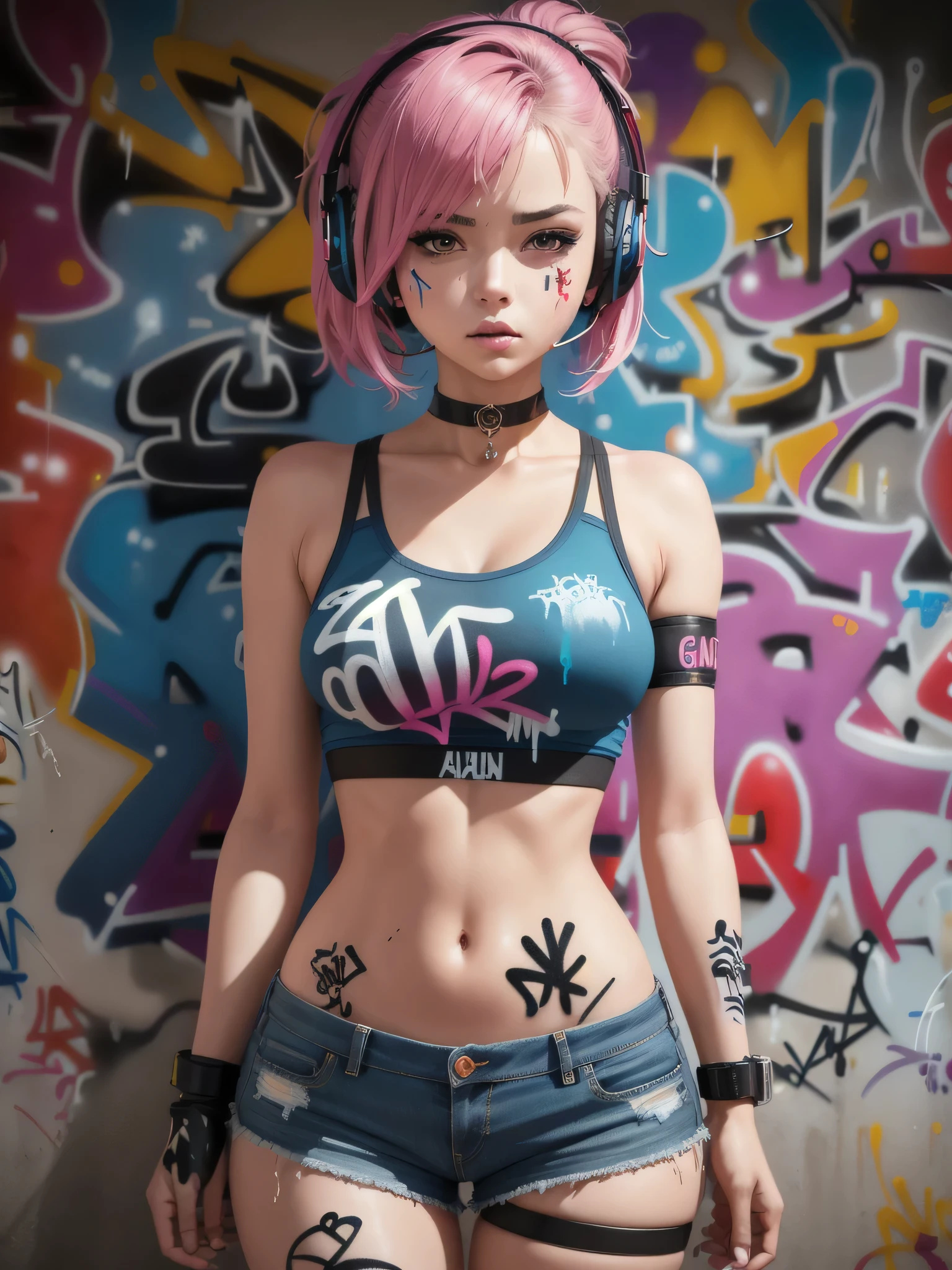 Masterpiece, best quality, 1 girl, alone, crop top, Denim shorts, choker, (graffiti:1.5), splash of color, arms behind back, against the wall, look at viewer, armband, thigh strap, paint on body, tilt your head, bored, colorful hair, tear, headset,