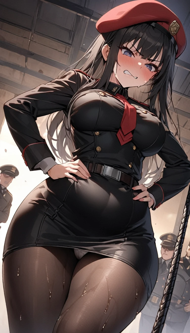 One femininity、Many people々々、Beautiful women、soldier、military base、女性性soldier、crowd、jet black military uniform、beret、Short tight skirt、soldier、40 years old、Model standing、Hands on hips、Looking down at the viewer, Long Hair、Swing the whip、Man being tortured、bangs, Highest quality, Focus on the thighs, Angry face、rage、panties、Plump thighs、big 、big Ass、 good、Black Hair,My thighs are steaming between my legs 、Sweaty Pantyhose、パンストの下のpanties、good、Black Pantyhose、Angle from directly below、Hold the whip、Throb、crowdを誘惑する、Acme convulsions、Obscene sound effects、Naughty sound effects、The soles of my feet are sweaty、odor, Sweaty Feet、Raise one leg