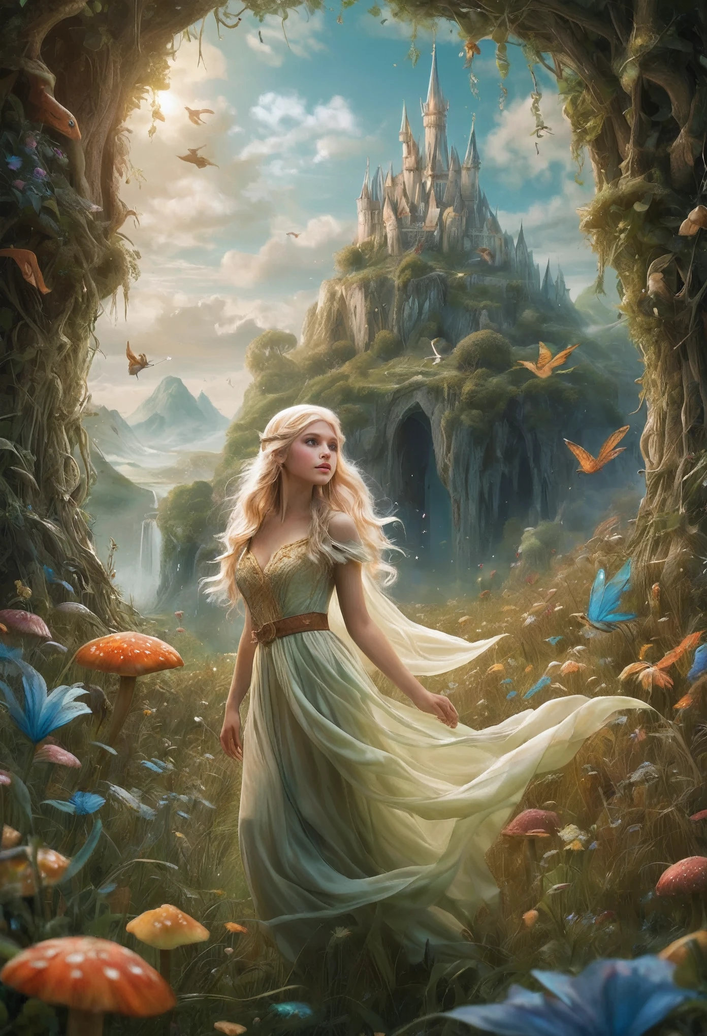 Create an enchanting and whimsical image of a eLEGANT elf girl with flowing blonde Hair, exploring the magical realm of Neverland. Picture her in a vibrant meadow surrounded by fantastical creatures, lost in this timeless and(( dreamlike world)). Capture the essence of innocence, fear, and the endless obstacles that unfold in the encasing landscapes of Neverland. | stunning detail, creative, cinematic, amazing composition, elegant, sad, fascinating, highly detailed, intricate, dynamic, beautiful, positive light, cute, engaging, new, enhanced,EpicLand,oil paint,6000, ruins,more detail XL,realistic,2b