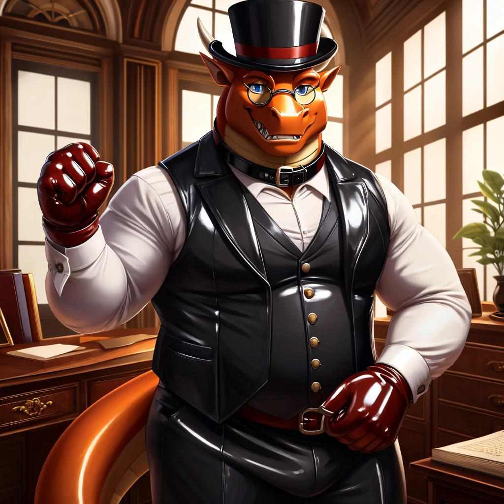 Solo, Male, fat, extremely obese, gentleman, dapper Professor Dragon, blue eyes, (posing:1.3), (soft shading), 4k, hi res, ((detailed face, detailed)), looking at viewer, mouth wide open, steampunk, dapper clothing, collared shirt with buttons, top hat, male focus, Explorer Outfit, glasses, monocle, vest with buttons, sleeves rolled up, round eyewear, brown headwear, brown vest, office, Dragon is wearing a glossy leather dog collar around the neck, Dragon is wearing the leather collar and shirt and vest at the same time, Dragon is wearing glossy white rubber gloves on the hands, wearing white rubber gloves on the feet, gloves are rubber in texture, clenching teeth, clenching fists, leather collar is glossy and shiny with a lot of detail, Dragon is wearing gloves and leather collar at the same time, leather collar has a round dog-tag, leather collar is thick and detailed, leather collar is glossy and shiny, fancy clothing, dapper vest, dapper shirt, leather collar is thick, glossy leather collar.