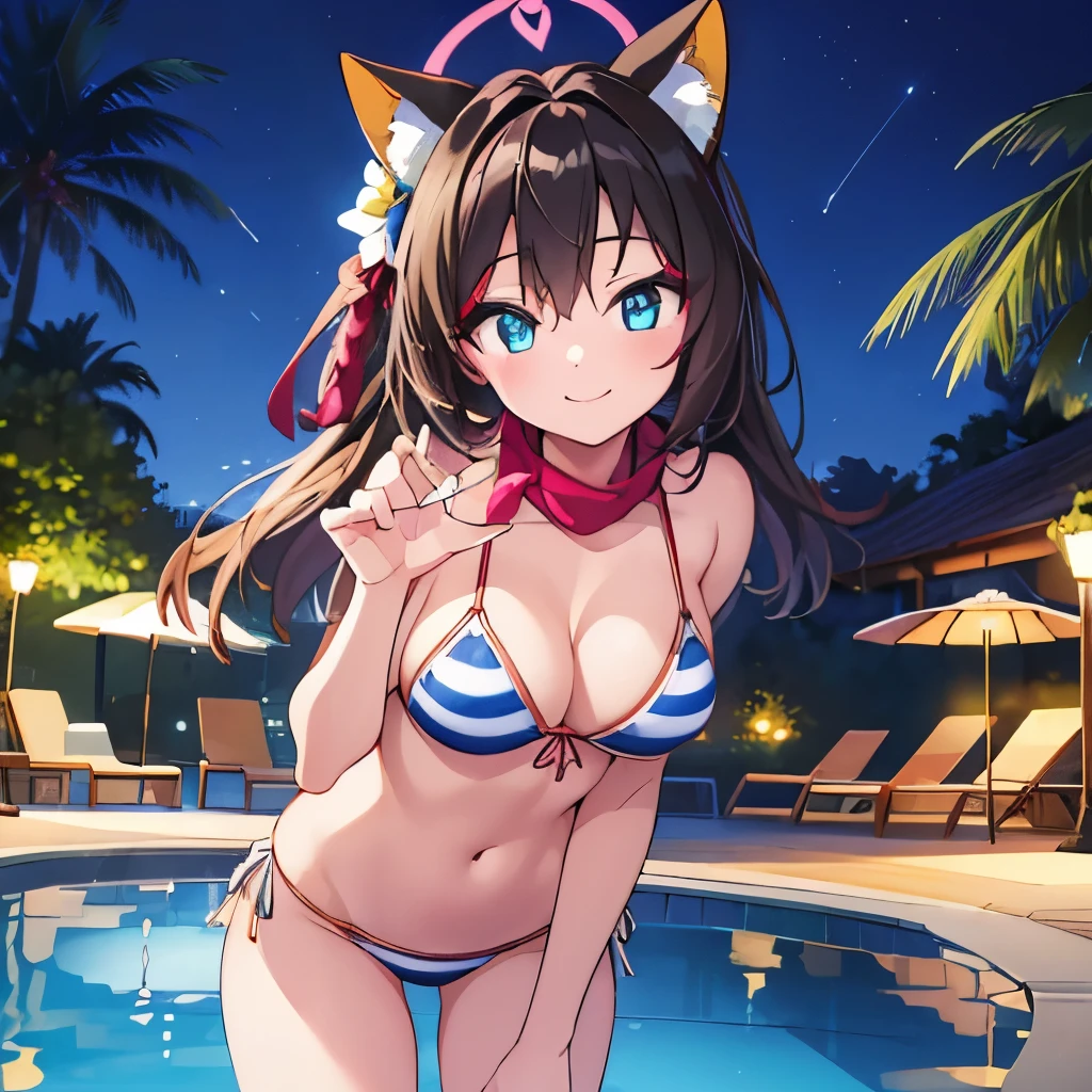 ((masterpiece)), ((best quality)), (ultra-detailed), pool, night, a cute girl, 1girl, solo, bikini, ((beautiful eyes)), smile