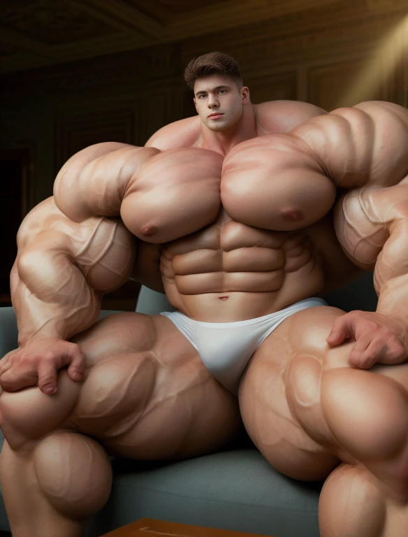 1boy, giant, giant bodybuilder, stand, warm light, strong body, bulk, large size, staring, sitting on couch in the living room, open legs, nude, white triangular underwear, prominent bulge, extraordinary big, brutalmass, giant, muscular body, bulk, buff, massive body, large meaty body size, extremely wide body, hairy body