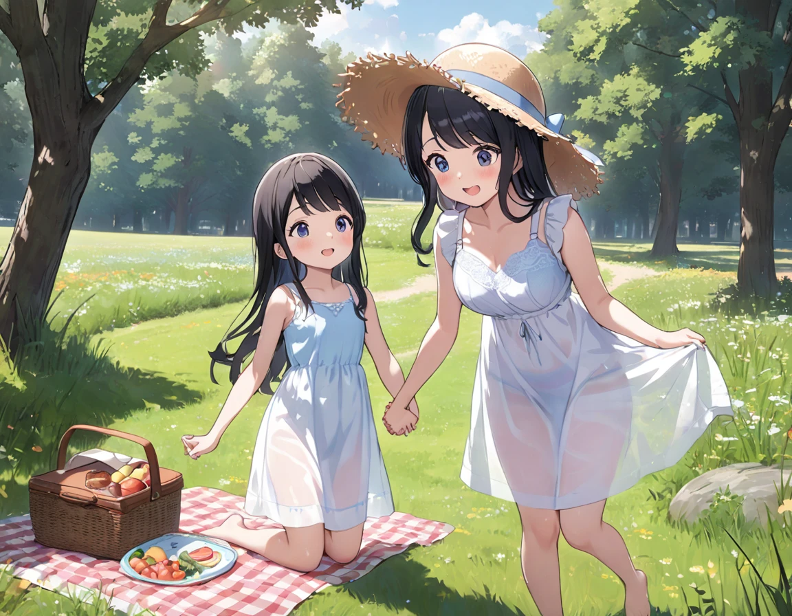 Straw hat、Girl with long black hair、(White dress、See-through blue bra)、(Underwear peeking out from under the dress、Showing off her cute pink underwear)、(barefoot、cute leather shoeoderately large、Standing posture、Two sisters around high school age holding hands、A meadow with a small stream running through it、picnic