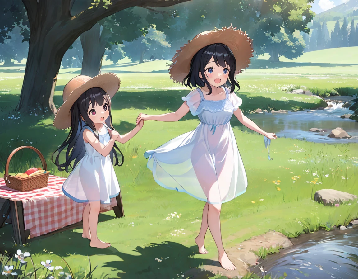 Straw hat、Girl with long black hair、(White dress、See-through blue bra)、(Underwear peeking out from under the dress、Showing off her cute pink underwear)、(barefoot、cute leather shoeoderately large、Standing posture、Two sisters around high  holding hands、A meadow with a small stream running through it、picnic