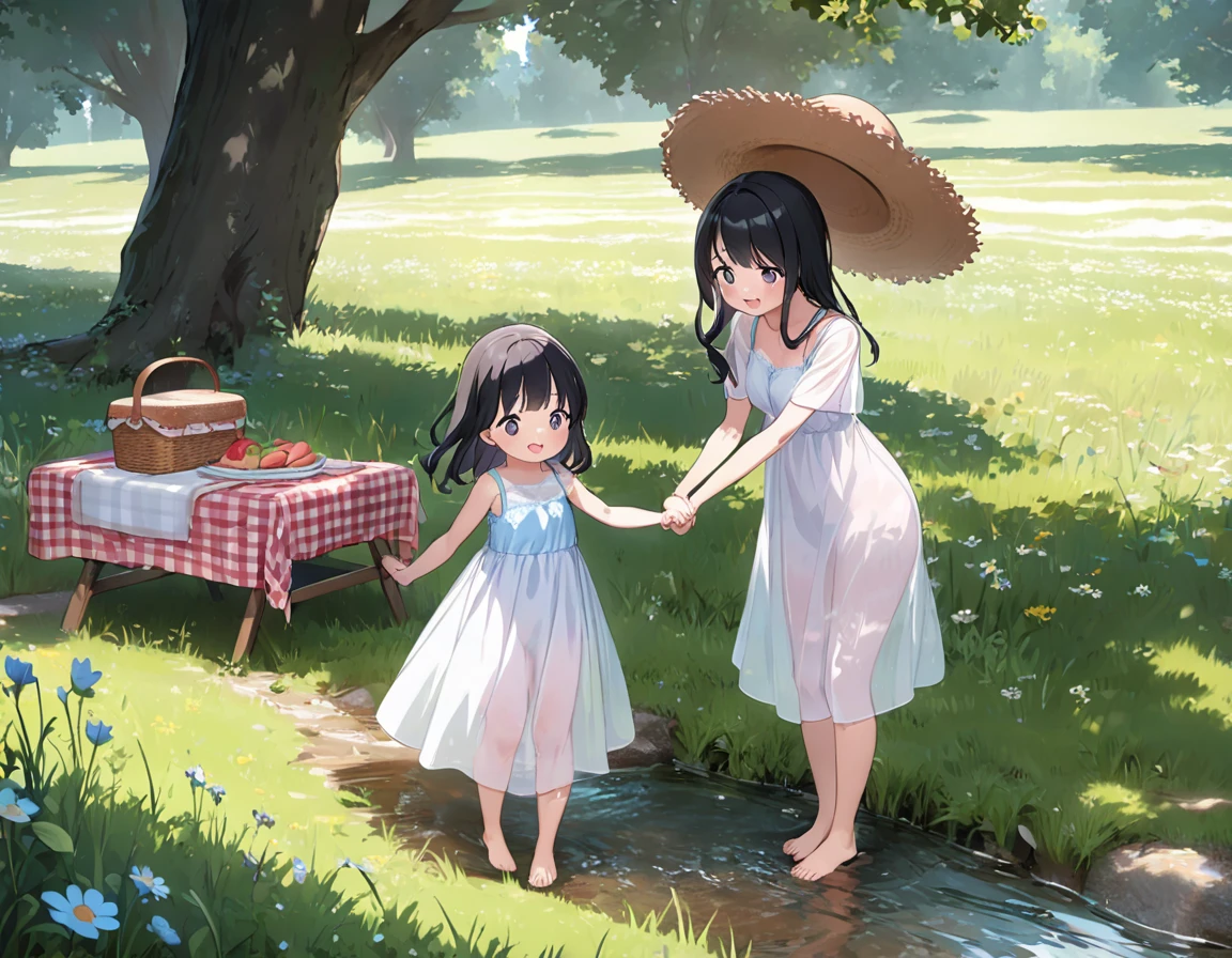 Straw hat、Girl with long black hair、(White dress、See-through blue bra)、(Underwear peeking out from under the dress、Showing off her cute pink underwear)、(barefoot、cute leather shoeoderately large、Standing posture、Two sisters around high school age holding hands、A meadow with a small stream running through it、picnic