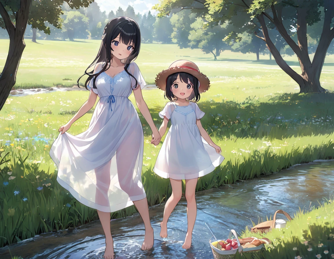 Straw hat、Girl with long black hair、(White dress、See-through blue bra)、(Underwear peeking out from under the dress、Showing off her cute pink underwear)、(barefoot、cute leather shoeoderately large、Standing posture、Two sisters around high school age holding hands、A meadow with a small stream running through it、picnic