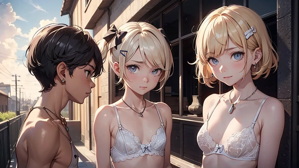 fullnude、(boy crossdresser:1.3), (transvestite:1.3), boys in girls lingerie in a courtyard, (sissy boys), traps, cute bow, pubic hair, shy small smile, (FLATCHESTED:1.3)、flat chest, superflat chest, (one embarrassed boy in lingerie), white lace bra size 0, zero breast size, blunt bangs, Blonde hair with short twin tails, Shiny hair, Delicate beautiful face, deep eyes, White skin, hair clips, earrings, a necklace, Beautiful cloud, Dusk sky,