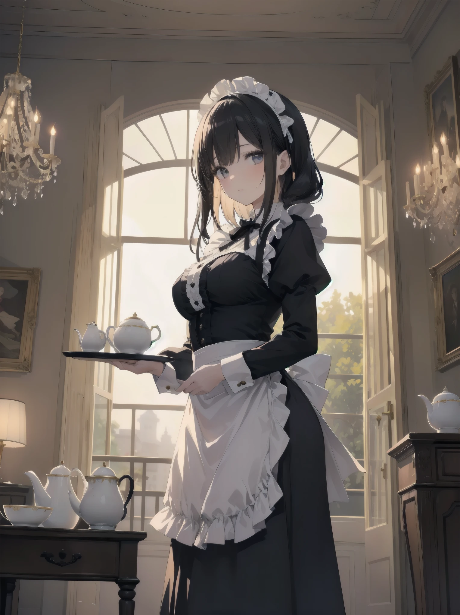Illustration of a beautiful girl in a cute pose,(Masterpiece: 1.2), (Best quality: 1.2), A cute girl with long black hair, dressed in a classic black and white maid outfit with frilly lace and a matching headband, is standing in a beautifully decorated Victorian-style parlor. She is holding a silver tray with a teapot and teacup, her expression a mix of professionalism and warmth. The background includes ornate furniture, a chandelier, and large windows with heavy drapes, all bathed in soft afternoon light. This illustration emphasizes the elegant and welcoming atmosphere of a high-class tea service