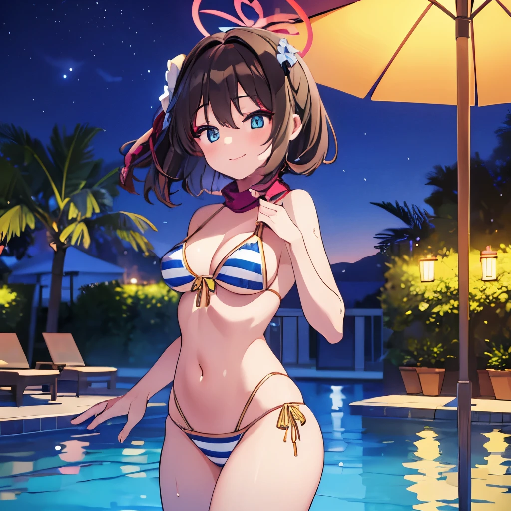 ((masterpiece)), ((best quality)), (ultra-detailed), pool, night, a cute girl, 1girl, solo, bikini, ((beautiful eyes)), smile