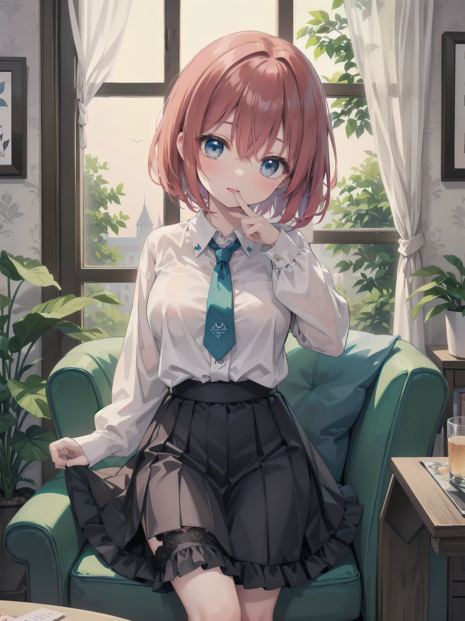 Scene Description: - Composition: Portrait. Focus on the face. Shot from the front. - Subject: Cute girl. (Chibi:1.1). Real person. - Features: - Face: (Cute round face:1.2). - Eyes: Detailed dark blue eyes. - Hair: One-leg bob-cut hair down the front with a large ribbon hairpiece, (golden hair), (red inner hair), auburn hair, hair between the eyes. - Body: Detailed slender body. Large breasts. - Clothing: Pink ruffled blouse, flares, blue ribbon tie, long ruffled sleeves, layered skirt. - Expression: happy expression. Mouth open. - Pose: head tilted back. She is looking at the viewer. - Background: living room of a trendy café. - Elements: Houseplants. Cute pastel sofa. Cute pastel curtains. Cute pastel-colored wallpaper. Time: Daytime. Lighting: (Natural light: 1.4). Art Style: Watercolor. Traditional media. Quality: Intricate details. Highly detailed. Outstanding complexity. (Masterpiece: 1.2). (Highest quality: 1.2). (Absurd absolute resolution: 1.4). Mood: Calm,