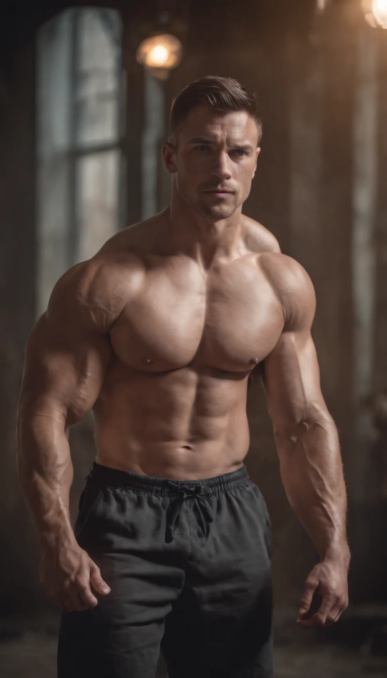 Muscular man, huge biceps, huge chest, shirtless, full body.