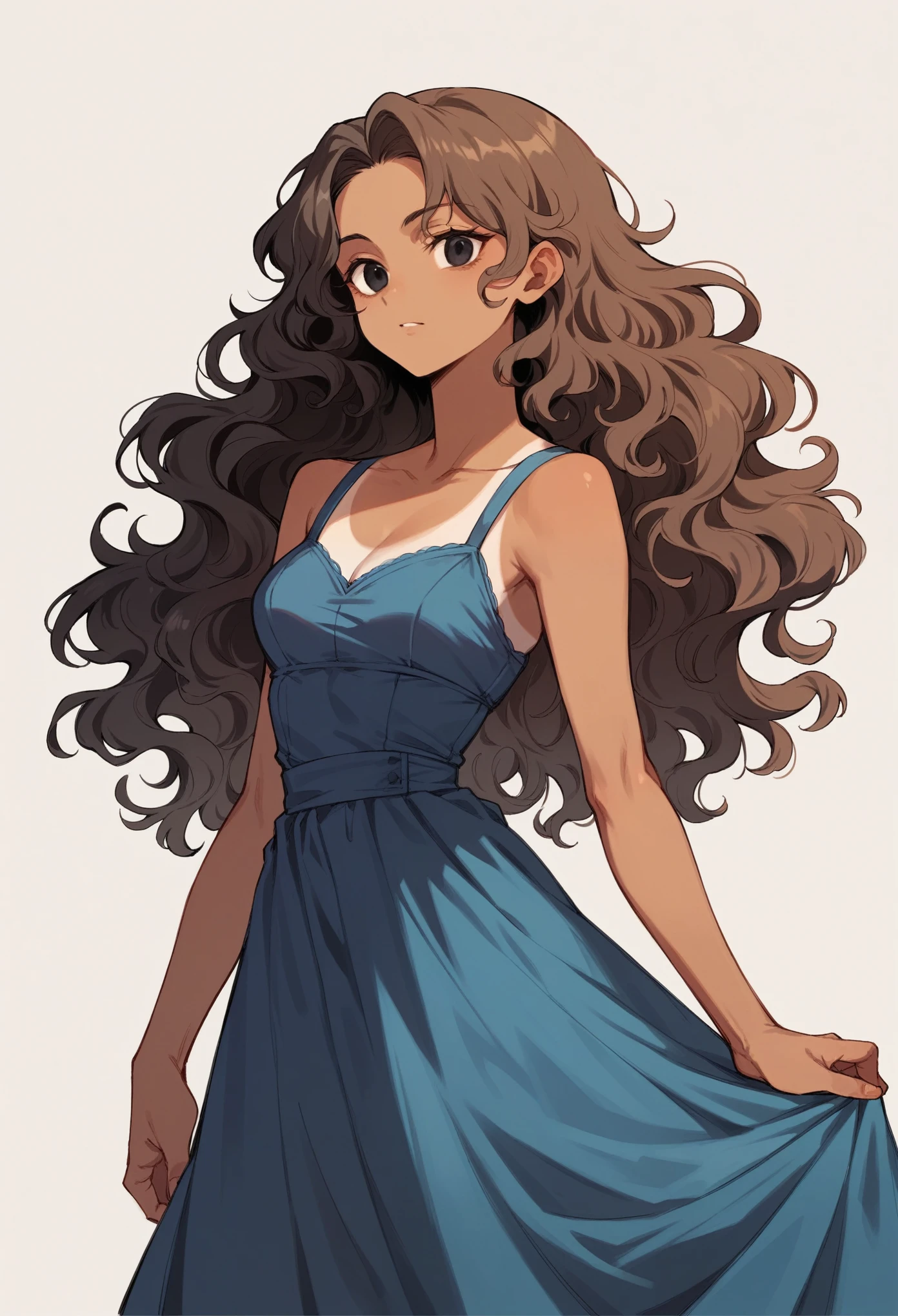 A woman with medium black, wavy hair, lightly tanned white skin, black eyes, dressed in a navy blue dress
