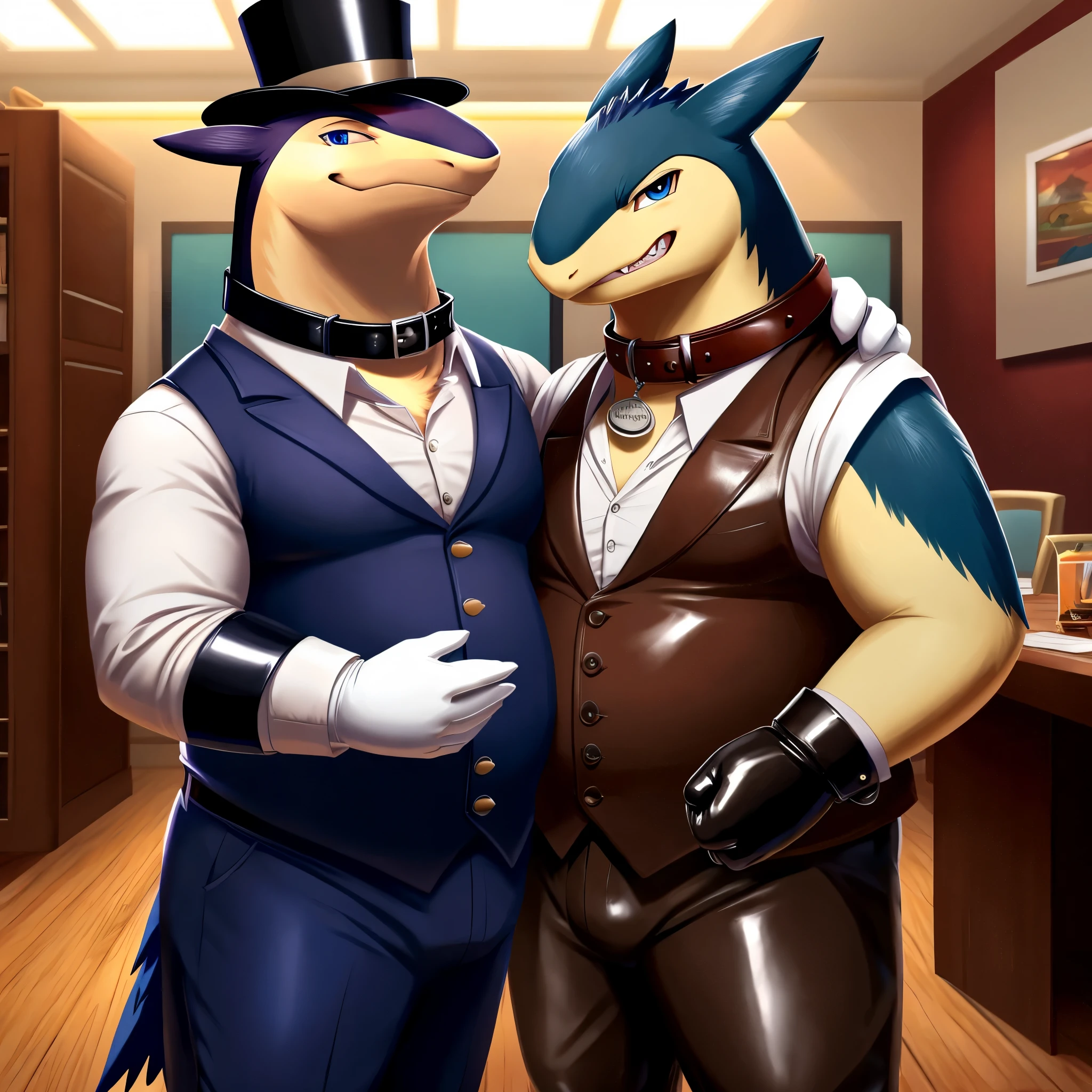 Male, fat, extremely obese, gentleman, dapper Professor Typhlosion, blue eyes, (posing:1.3), (soft shading), 4k, hi res, ((detailed face, detailed)), looking at viewer, mouth wide open, steampunk, dapper clothing, collared shirt with buttons, top hat, male focus, Explorer Outfit, glasses, monocle, vest with buttons, sleeves rolled up, round eyewear, brown headwear, brown vest, office, Typhlosion is wearing a glossy leather dog collar around the neck, Typhlosion is wearing the leather collar and shirt and vest at the same time, Typhlosion is wearing glossy white rubber gloves on the hands, wearing white rubber gloves on the feet, gloves are rubber in texture, clenching teeth, clenching fists, leather collar is glossy and shiny with a lot of detail, Typhlosion is wearing gloves and leather collar at the same time, leather collar has a round dog-tag, leather collar is thick and detailed, leather collar is glossy and shiny, fancy clothing, dapper vest, dapper shirt, leather collar is thick, glossy leather collar, a second male Typhlosion in the same attire helping the fat Typhlosion get dressed.