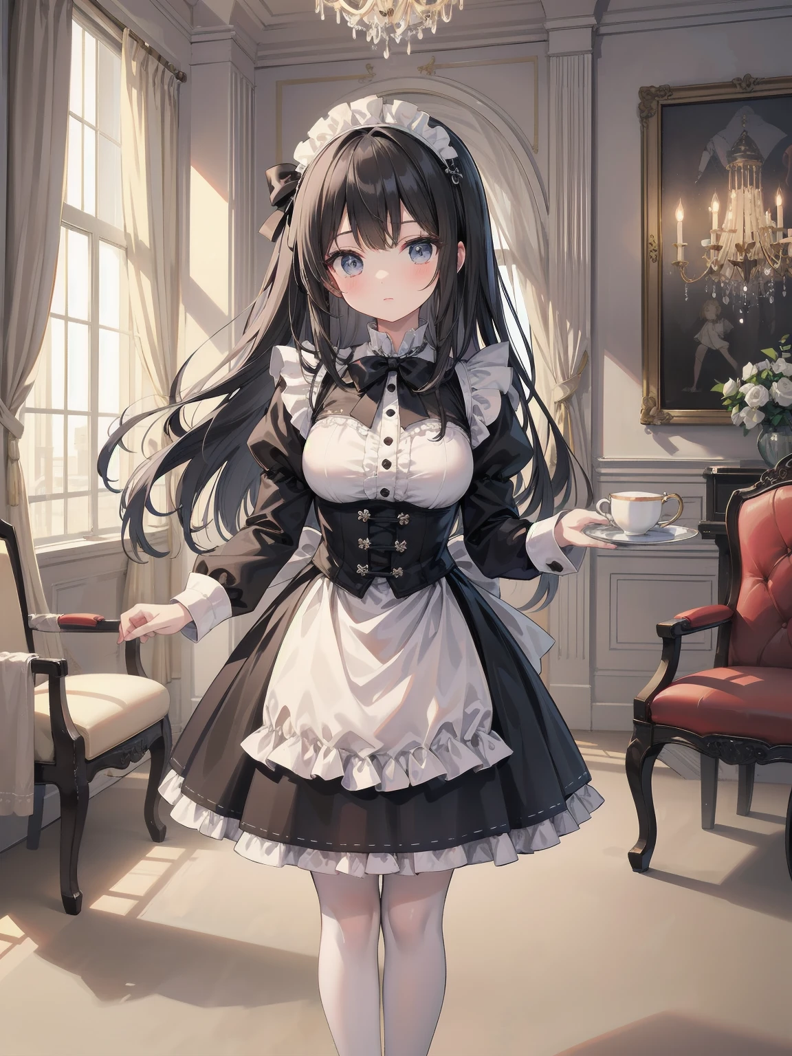 Illustration of a beautiful girl in a cute pose,(Masterpiece: 1.2), (Best quality: 1.2), A cute girl with long black hair, dressed in a classic black and white maid outfit with frilly lace and a matching headband, is standing in a beautifully decorated Victorian-style parlor. She is holding a silver tray with a teapot and teacup, her expression a mix of professionalism and warmth. The background includes ornate furniture, a chandelier, and large windows with heavy drapes, all bathed in soft afternoon light. This illustration emphasizes the elegant and welcoming atmosphere of a high-class tea service