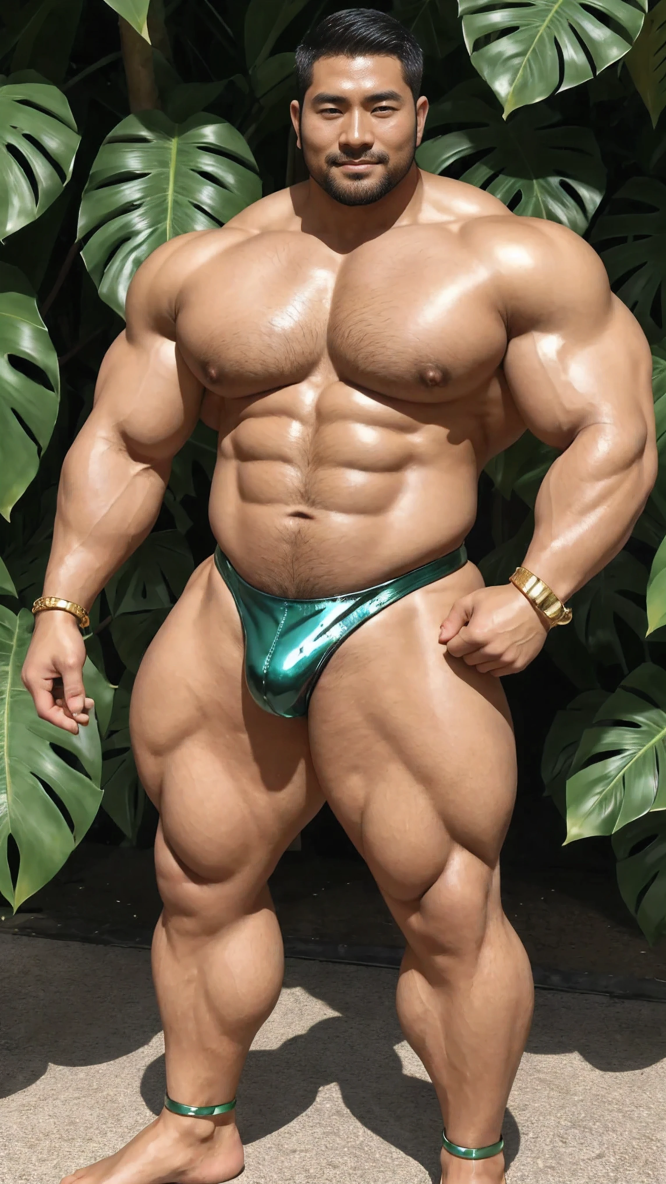 There is only one handsome Chinese man in the photo,35 years old,tall, Fitness,Smooth body,Smooth skin,No chest hair,short hair, O-Shaped Beard,Perfect body, Dark skin color,Radiant Skin,Smooth skin,Shiny, shiny skin,Smooth pectoral muscles,Muscle bulge, muscular, Very large pectoral muscles,Very sexy abdominal muscles,Very well-developed leg muscles,Huge concave and convex area,Brightens oily skin,Wearing a shiny gold leather thong,Handsome face,Normal human toes,Correct and accurate male body proportions,Gold bracelet,Gold anklets,Standing in front of Monstera leaves。