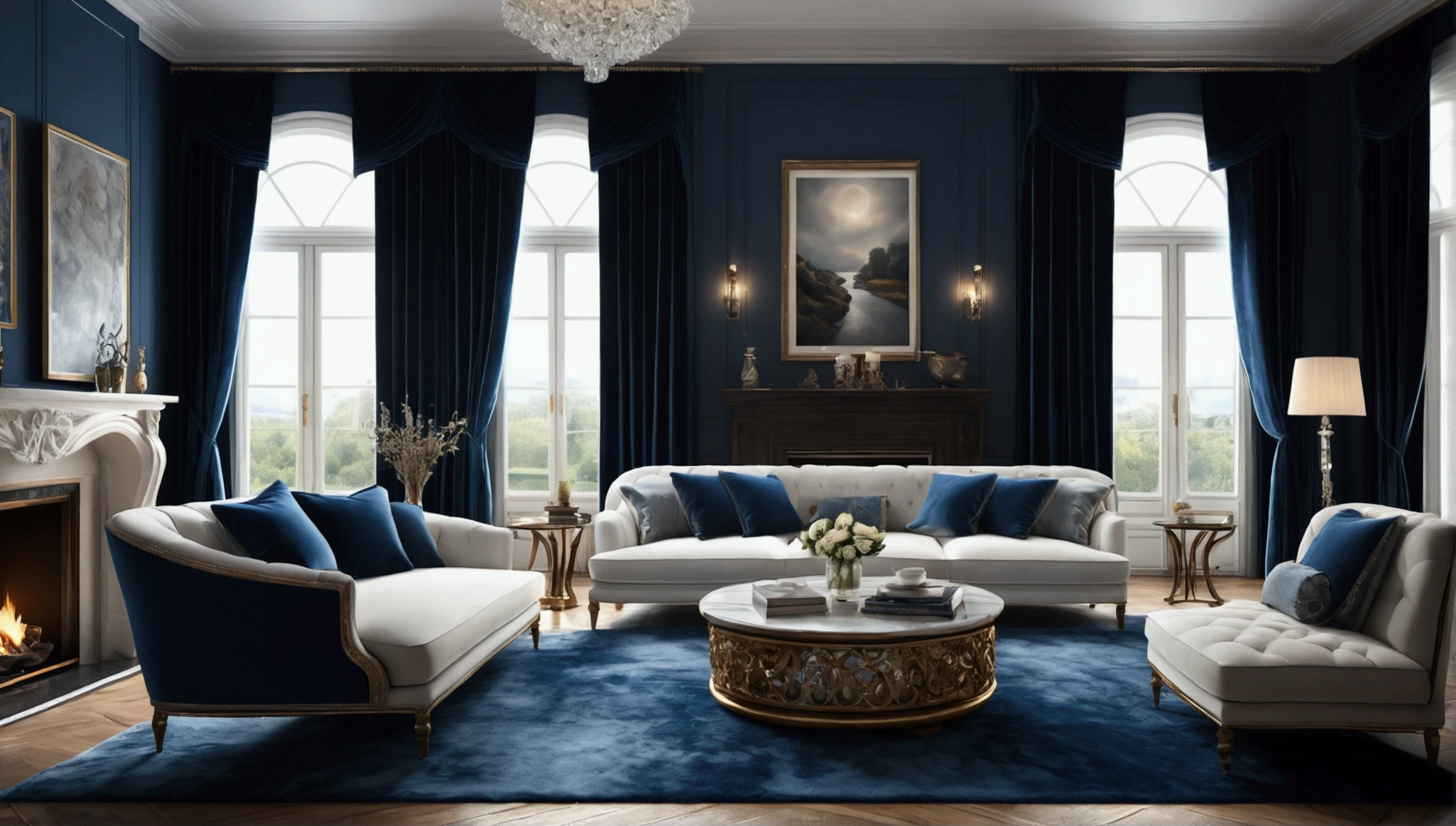 (Best Quality,4k,8k,High resolution,masterpiece:1.2),ultra detailed,(realist,photorealist,photo-realist:1.37), luxurious, rich living room, white sofa, three dark blue pillows, four windows, Midnight, moonlight refraction, Chimney, a moon, white carpet, elegant curtains, glass coffee table, Silver accents, Cold blue ambient lighting, opulent decor, High ceilings, Exquisite pieces of art, velvet curtains, cozy fur rug, shiny wooden floor, comfortable armchair, subtle sandalwood aroma, Timeless elegance, Cold, quiet atmosphere, tranquil and serene.