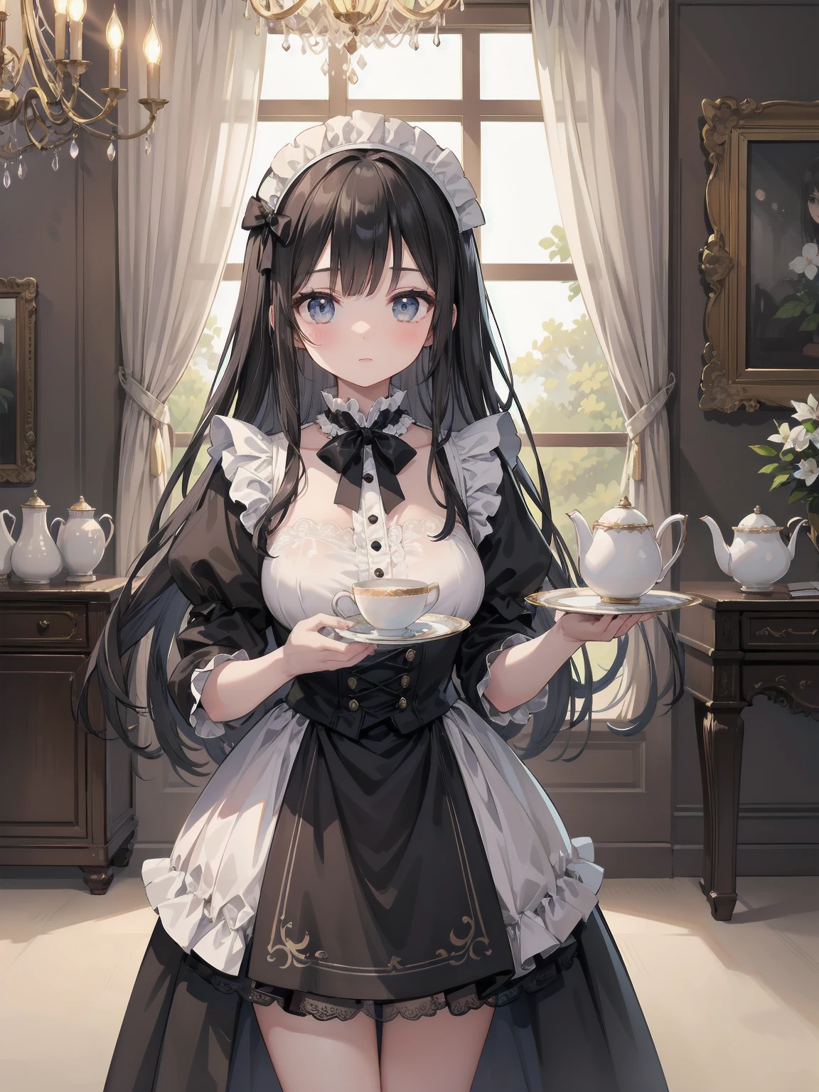 Illustration of a beautiful girl in a cute pose,(Masterpiece: 1.2), (Best quality: 1.2), A cute girl with long black hair, dressed in a classic black and white maid outfit with frilly lace and a matching headband, is standing in a beautifully decorated Victorian-style parlor. She is holding a silver tray with a teapot and teacup, her expression a mix of professionalism and warmth. The background includes ornate furniture, a chandelier, and large windows with heavy drapes, all bathed in soft afternoon light. This illustration emphasizes the elegant and welcoming atmosphere of a high-class tea service