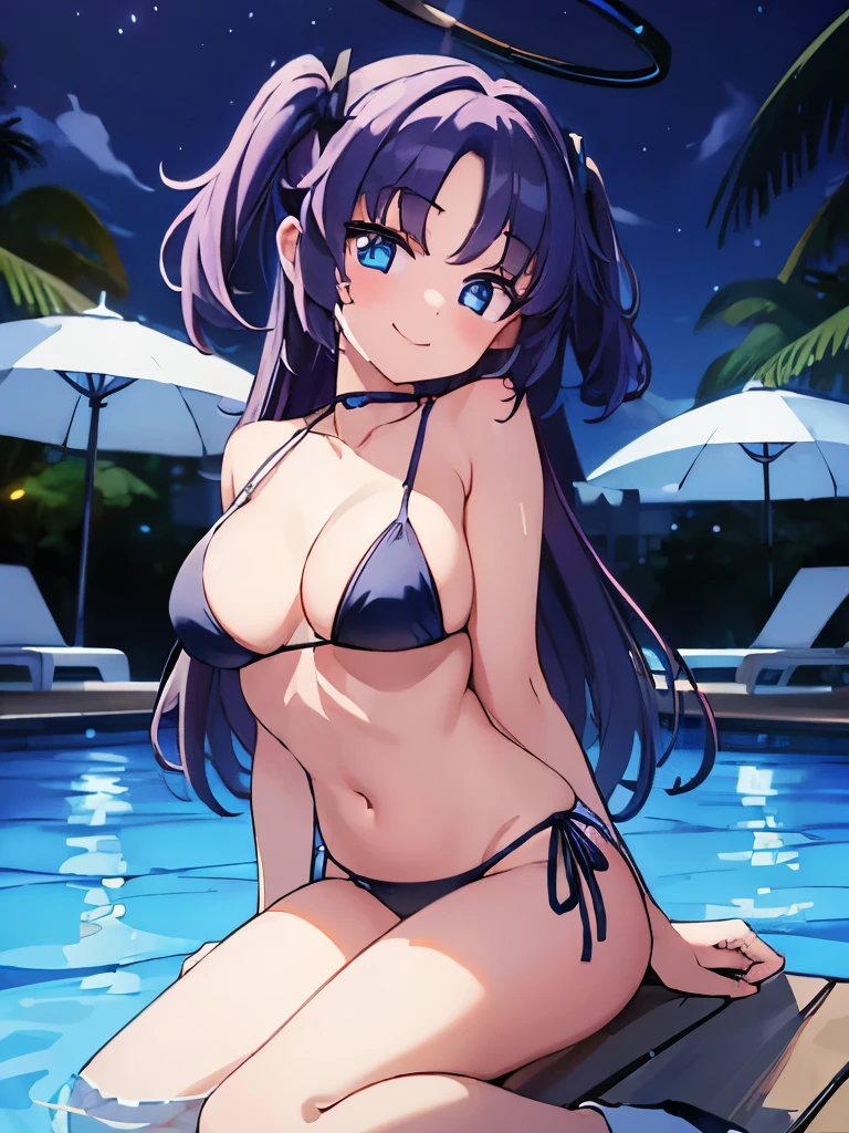 ((masterpiece)), ((best quality)), (ultra-detailed), pool, night, a cute girl, 1girl, solo, bikini, ((beautiful eyes)), smile