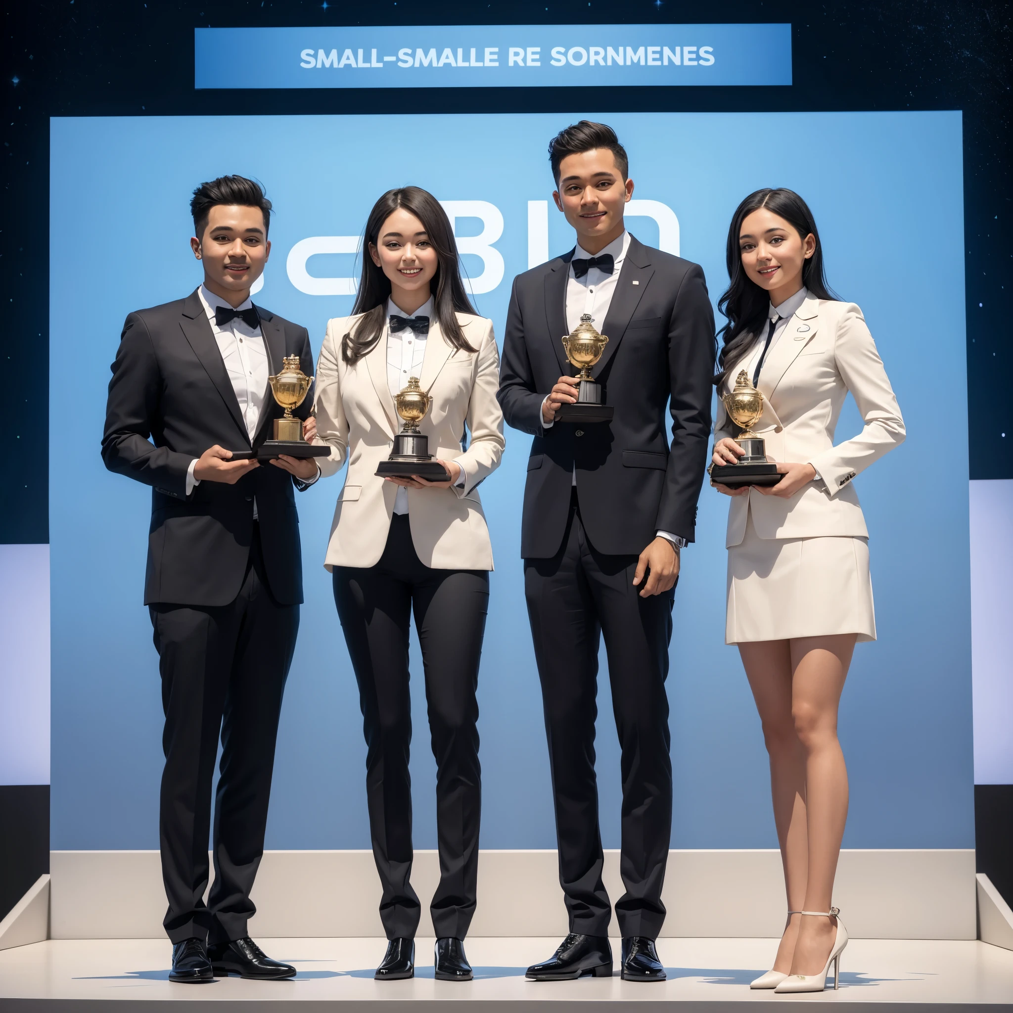 create an animated image of a podium with 03 well-defined sales places to award the 03 first sales places in a subdivision in a smart city with 1st place being a man, 2nd place being a man and 3rd place being a woman, placing the ranking in the image with space for the trophy


