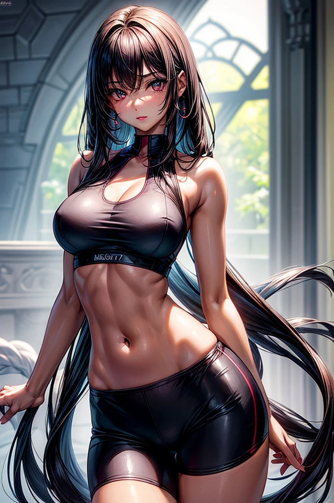 ((highest quality)),(ultra high resolution),(Super detailed), (best work of art), (****ung girl:1.5), beautiful and well-shaped face:1.5,(Beautiful skin with precise and detailed depiction:1.6),(sports bra and waist band hotpants shorts ),gorgeous, masterpiece, best quality, high-resolution, finely detailed, extremely detailed and beautiful, distinct-image, hourglass figure, lightly tanned white skin, 1 girl, 18 year old teenager, solo, sharp facial features, oval shaped face. cherry red lips,. velvet-colored eyes, C-cup breasts, tall height(175cm), slim curves yet toned body type, flowing waist length dark violet-black hair, small narrow waist, long and slender legs, curvy wide hips, modern gym setting