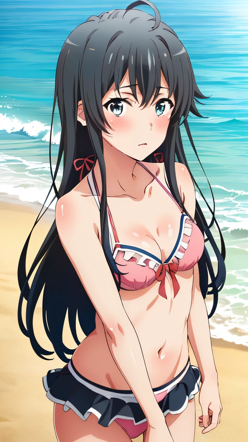 (masterpiece, best quality, highres, 8k:1.2), (anime), yukino, long hair, ahoge, Small medium breast, hair ribbon, (Pink bikini, ruffles, blush, beach), Cowboy shot, looking at viewer,