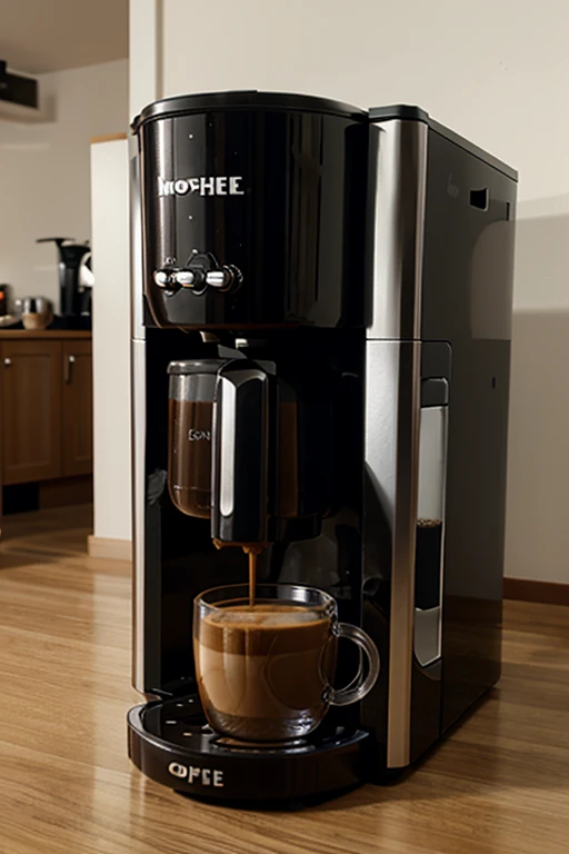 The coffee machine&#39;s coffee pot appears to be suspended in mid-air，The coffee machine&#39;s shell is designed to melt or flow，Surfaces can have soft curves and deformed textures。The shell material can have the function of color change
