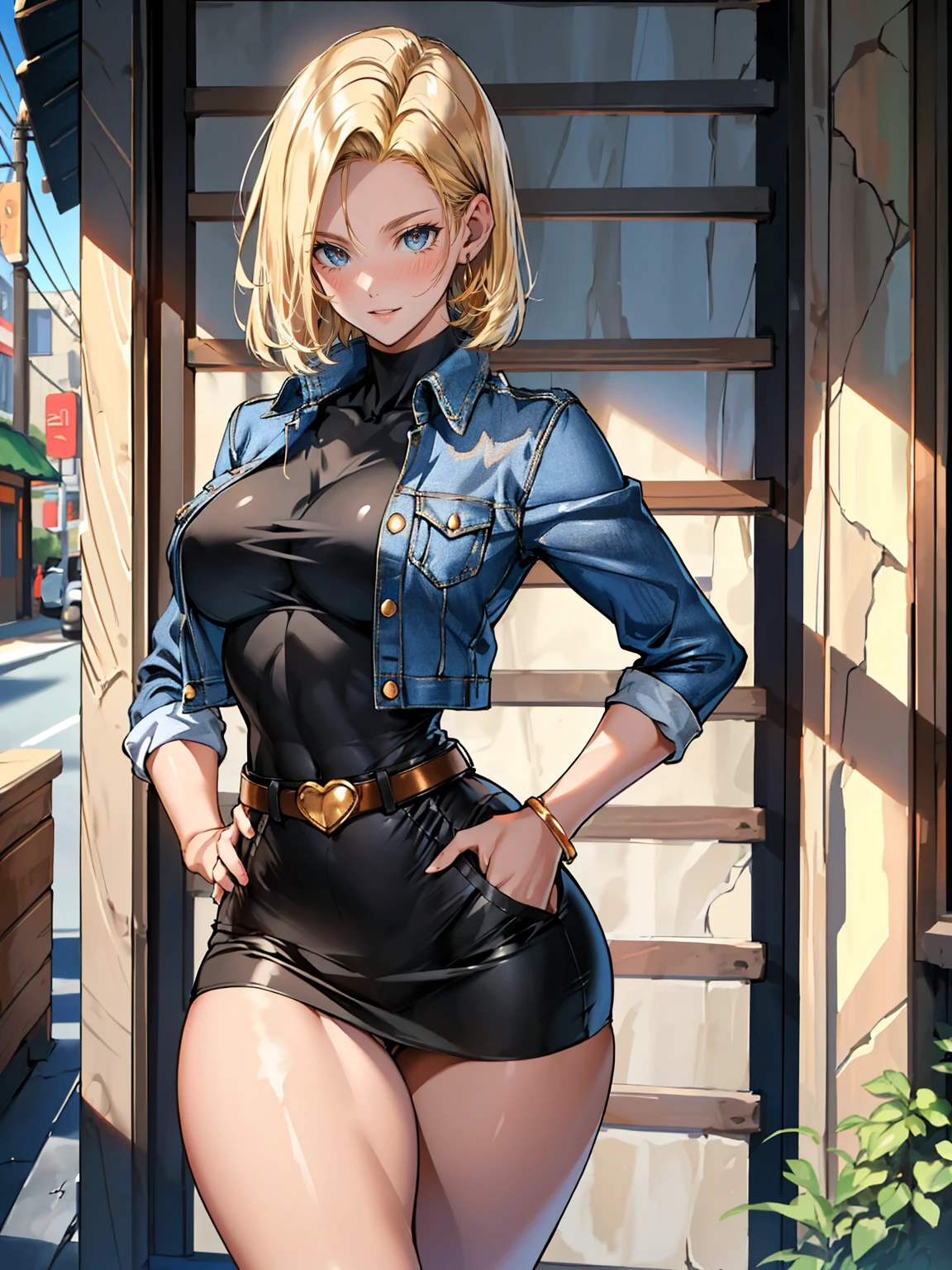 unparalleled masterpiece, ultra realistic 8k CG, perfect artwork, (1girl:1.1) , solo, ((perfect female figure)), (nsfw), looking at viewer, mature female, bimbo (android 18) standing, (teasing), best quality:1.1 , seductive posture, sexy pose, alluring, (beautiful), (curvy), (thick), blonde hair, (blue eyes:1.2), short hair, earrings, jewelry, denim vest, open vest, black pantyhose, black shirt, denim skirt, striped long sleeves, blue skirt, toned legs, fit, (abs:1.1), (big butt:1.4), peach ass, (athletic body:1.2), (large breasts:1.3, (big_breasts:1.1), wide_hips:1.5, narrow waist, small waist:1.5, slender body:1.2, thick thighs:1.3), (shiny skin:1.2), (hdr), (street:1.2), Nikon D850 film stock photograph Kodak Portra 400 camera f1.6 lens, rich colors, lifelike texture, dramatic lighting, unreal engine, trending on ArtStation, by Gerald Brom, by Frank Frazetta, by Luis Royo, by Julie Bell, by Boris Vallejo