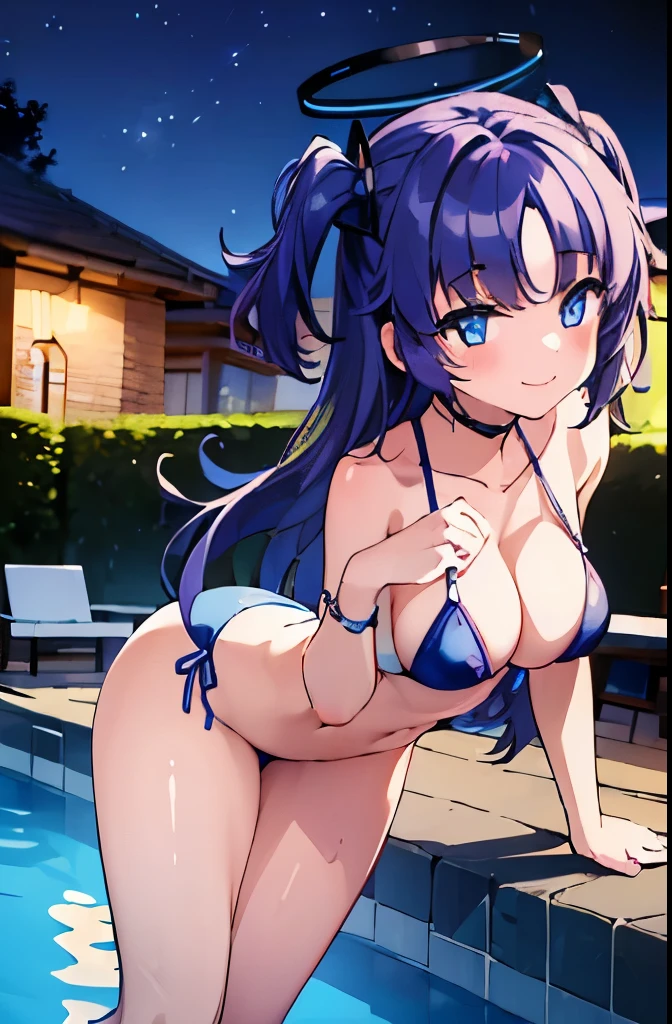 ((masterpiece)), ((best quality)), (ultra-detailed), pool, night, a cute girl, 1girl, solo, bikini, ((beautiful eyes)), smile
