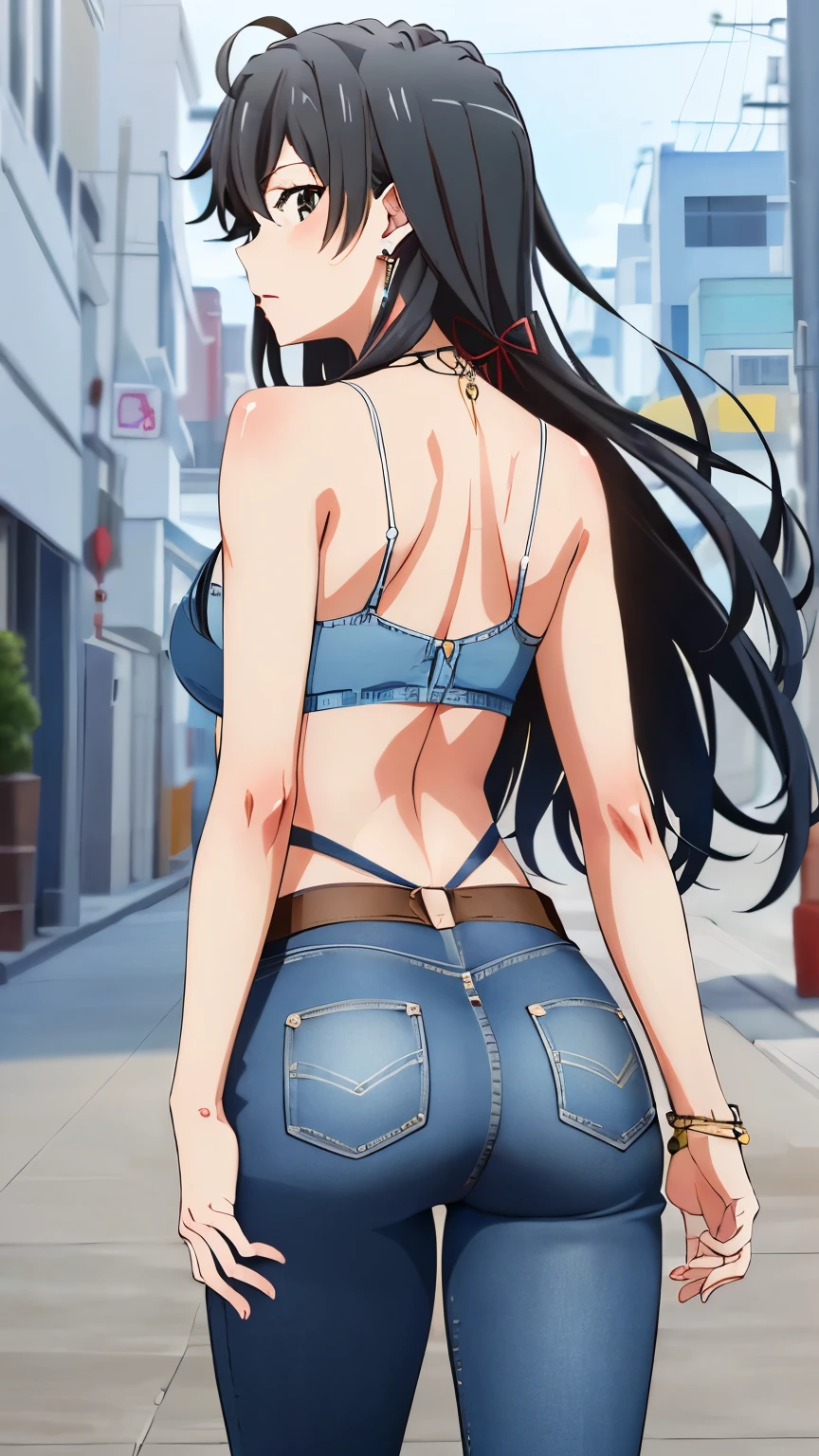 (masterpiece, best quality, highres, 8k:1.2), (anime), yukino, long hair, ahoge, Small medium breast, hair ribbon, ((Earrings, jewelry, Denim dress, Denim pants), (back, Showing her ass)), Cowboy shot, looking at viewer,