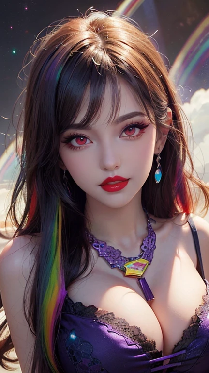 A beautiful and sexy 20 year old girl, wearing a super thin red dress, ((long hair dyed rainbow colors:1.6)), bangs, the most detailed jewelry and beautiful hair, ((wears purple lace necklace:1.6) )), Super cute small face, very pretty face, thin eyebrows, flawless beautiful face, ((black eye pupil: 0.8)), very beautiful eyes, ((red eyes pale:1.5)), beautiful makeup and detailed eyelashes, steamy eye makeup, high nose, earrings, red lips, ((closed mouth:1;5 )) beautiful lips, slim hands, most beautiful thighs, ((arms spread out to the sides: 1.5)), rosy face, clean face, flawless beautiful face, smooth white skin, (big breasts: 1.5)), ((high breasts: 1.6)), Breasts plump, beautiful cleavage, ((big and super round breasts: 1.8))), ((super tight breasts: 1.5)), beautiful breasts, back arms, beautiful girl's upper body, 8k photo, quality super high, hyper realistic, 10x super pixel, photorealistic, dark studio, light edges, two-tone bright, (high detail skin:1.2), super 8k, soft light, high quality, lighting volumetric, realistic, Photo, high resolution, light, best photo, 4k, 8k quality, blur effect, Smooth and sharp, 10 x pixels, (galaxy: 1.7), aurora, lightning, surreal graphics, most realistic graphics, alone, solo, Extremely sharp, surreal images, (((frontal portrait:1.3)))."