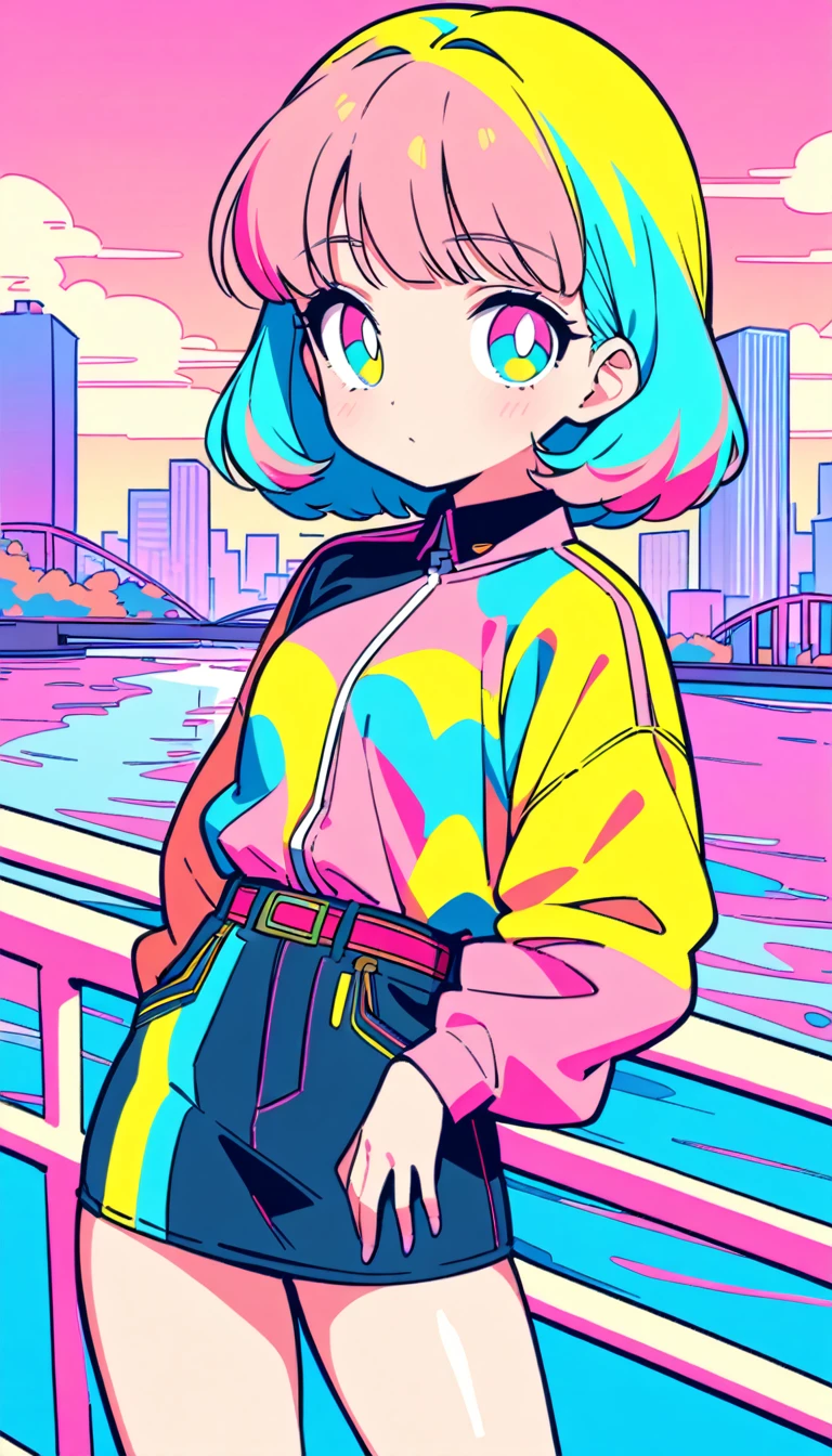 masterpiece, Highest quality, Beautiful attention to detail, Very detailed, In detail, High resolution, Perfect Anatomy, colorful, pastel colour, One girl, alone, (City pop illustrations), (City Pop Art), Simple Background, Retro Style, (Vaporwave City Pop), (1980s City Pop), (City Pop Anime), (river, bridge), Retro Style, 1980s Fashion, Cowboy Shot,