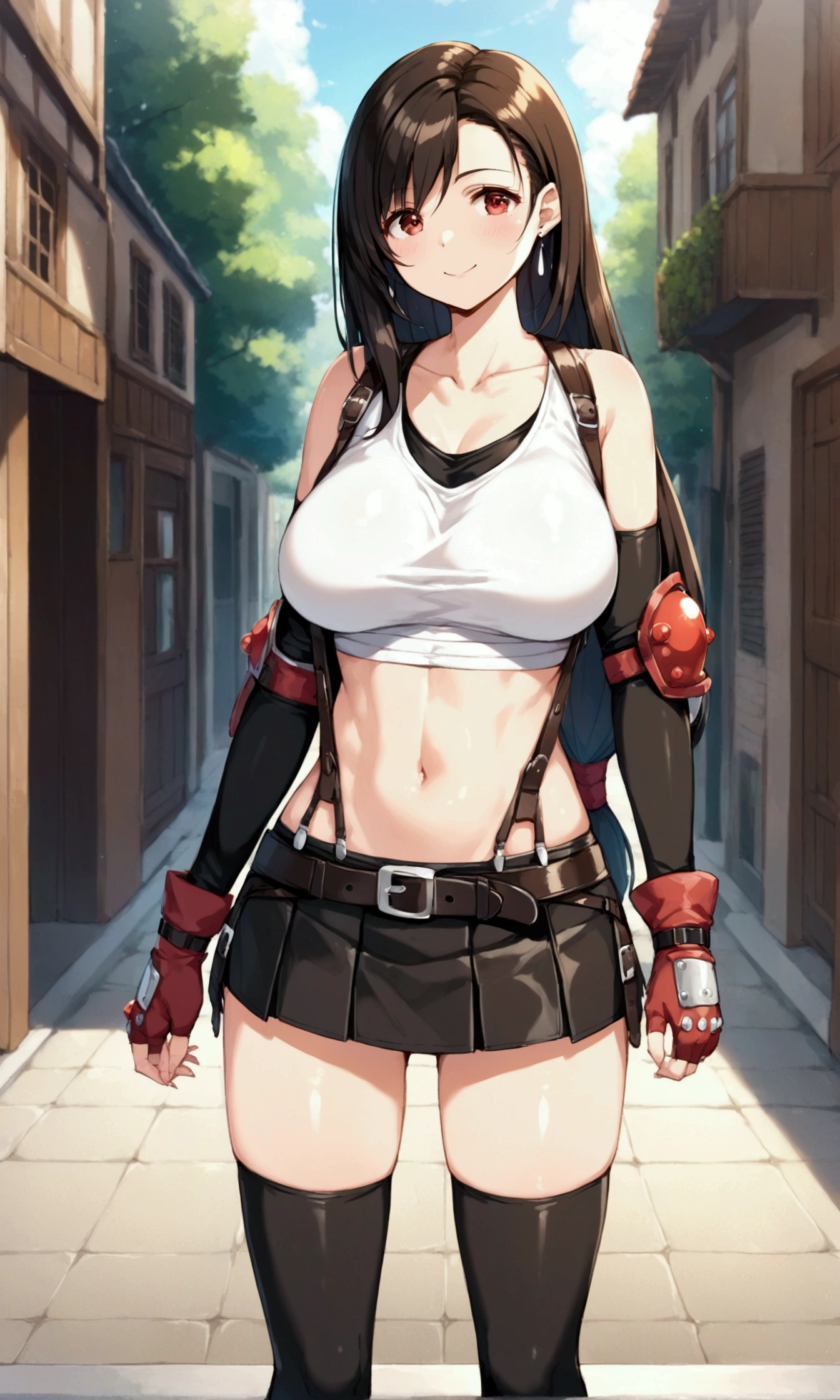 score_9, score_8_up, score_7_up, ,front_view,breast side view,,(soro focus),standing,straight-on,,(tank toplift;1,3),(),puffy nipple,selfie,(mediumshot:1),looking_at_viewer ,1girl, tifa lockhart, final fantasy,(beautiful woman). tareme,black hair, low-tied long hair, red eyes, bangs, white tank top,gap, belt, pleated skirt, thighhighs, elbow fingerless gloves, elbow pads, midriff, navel,suspender skirt.zettai ryouiki ,(large_breasts:1),((perky breasts;1,3)),(light smile),slender_waist:1.2 ,Solo,,(daytime and outdoors),(masterpeace),(best quality),((aesthetic,very aesthetic)),,highly detailed,(megami_magazine),(professional lighting),(cinematic lighting),great lighting,