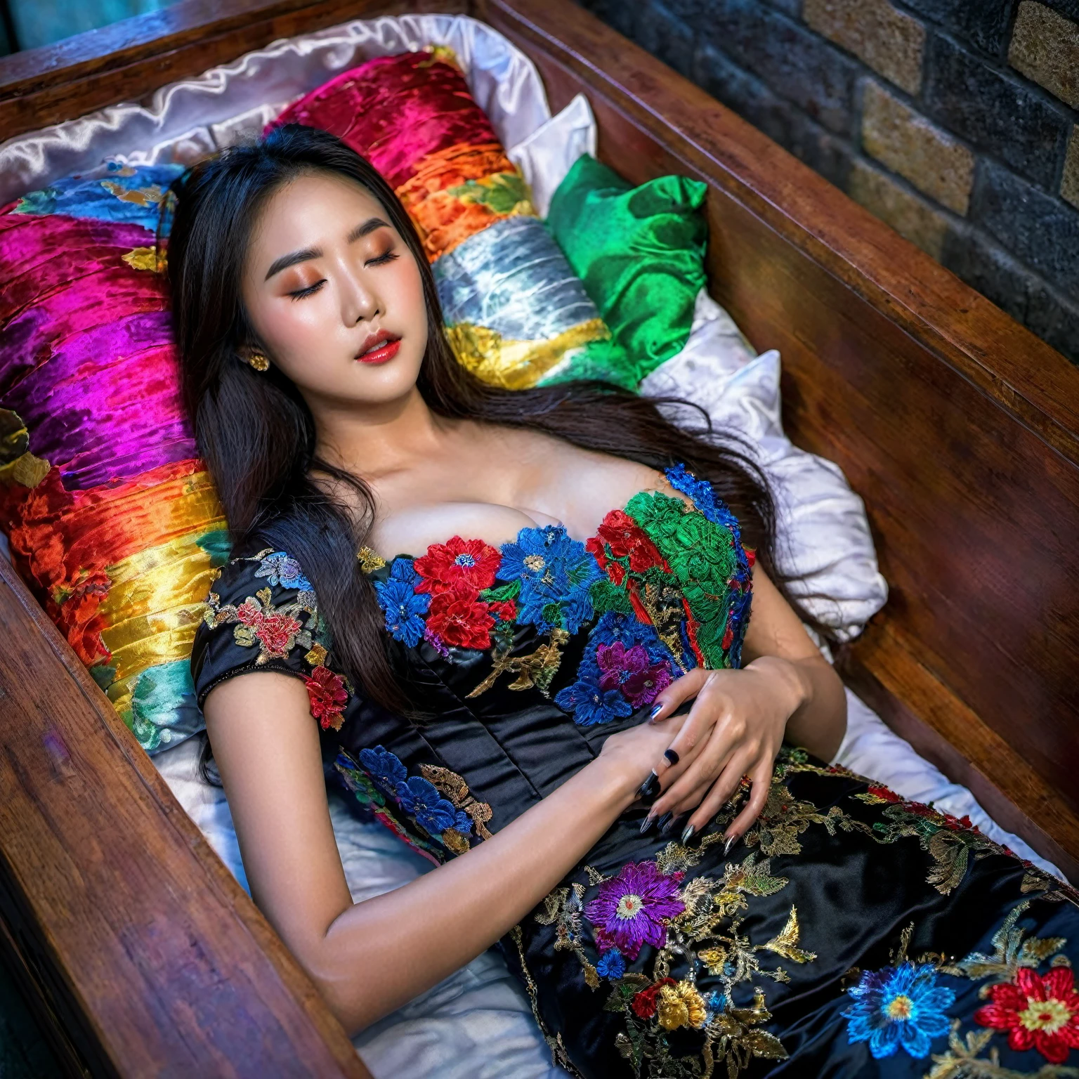 In a striking 8K HDR scene, a stunning Korean woman, 22 years old, lies peacefully in a colorful coffin surrounded by plush pillows. The deep box is set against a rich black background, accentuating the beauty of the subject. Her exquisite kebaya with sleeve attire is embroidered with superb detail, showcasing her round and firm breasts, perfect cleavage, and beautiful eyebrows. Her closed eyes and mouth give an air of serenity, while her visible and absolute cleavage leave nothing to imagination. The scene is bathed in saturated colors, highlighting every intricate aspect from the ball skirt to her clean face, straight body, detailed hand perfect hands, straight body.