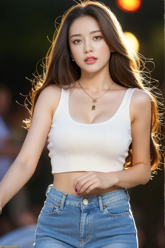 a stunningly realistic, high resolution 8K photo of a beautiful 30-year-old woman, ((messy side wave long hair)), and a glamorous figure, dramatic lighting, masterpiece, immersive atmosphere, chiaroscuro:(1.5, bright light:1.2, luminous lighting), (background blur:1.5), blurring, best quality, photorealistic, ultra-detailed, HDR, physically-based rendering, studio lighting, vivid colors, bokeh, (real skin texture:1.3), high contrast, (Fuji Color:1.5), Film grain, seductive detailed eyes and face, dynamic lighting, in the dark, deep shadow, low key, cowboy shot, Light on Face, very detailed lips, Detailed eyes, hyperdetailed face, very detailed lips, Detailed eyes, ,(Lace costumes:1.2), Retro atmosphere, nature, top, tight skinny flared jeans, slim hips and groin showing, street in italy with old houses