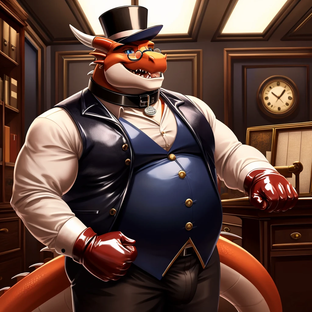 Solo, Male, fat, extremely obese, gentleman, dapper Professor Dragon, blue eyes, (posing:1.3), (soft shading), 4k, hi res, ((detailed face, detailed)), looking at viewer, mouth wide open, steampunk, dapper clothing, collared shirt with buttons, top hat, male focus, Explorer Outfit, glasses, monocle, vest with buttons, sleeves rolled up, round eyewear, brown headwear, brown vest, office, Dragon is wearing a glossy leather dog collar around the neck, Dragon is wearing the leather collar and shirt and vest at the same time, Dragon is wearing glossy white rubber gloves on the hands, wearing white rubber gloves on the feet, gloves are rubber in texture, clenching teeth, clenching fists, leather collar is glossy and shiny with a lot of detail, Dragon is wearing gloves and leather collar at the same time, leather collar has a round dog-tag, leather collar is thick and detailed, leather collar is glossy and shiny, fancy clothing, dapper vest, dapper shirt, leather collar is thick, glossy leather collar.