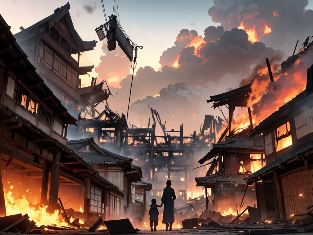 a mother and kid holding hands looking at a destroyed in fire feudal japanese city, giant tori in fireback 