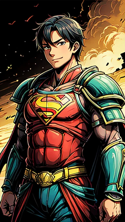 (8k),(masterpiece),(Japanese),(-yeld bo((innocent look)),((Childish)),From the front,Cowboy shot, upper body, smile,cute,Innocent,Kind eyes,Flat chest, DC Superman superhero, red cape, short,Hair blowing in the wind, Black Hair,Strong wind,midnight,dark, pitch black,中華風armor、
armor、
三国志
古代中国のarmor Metropolis City,