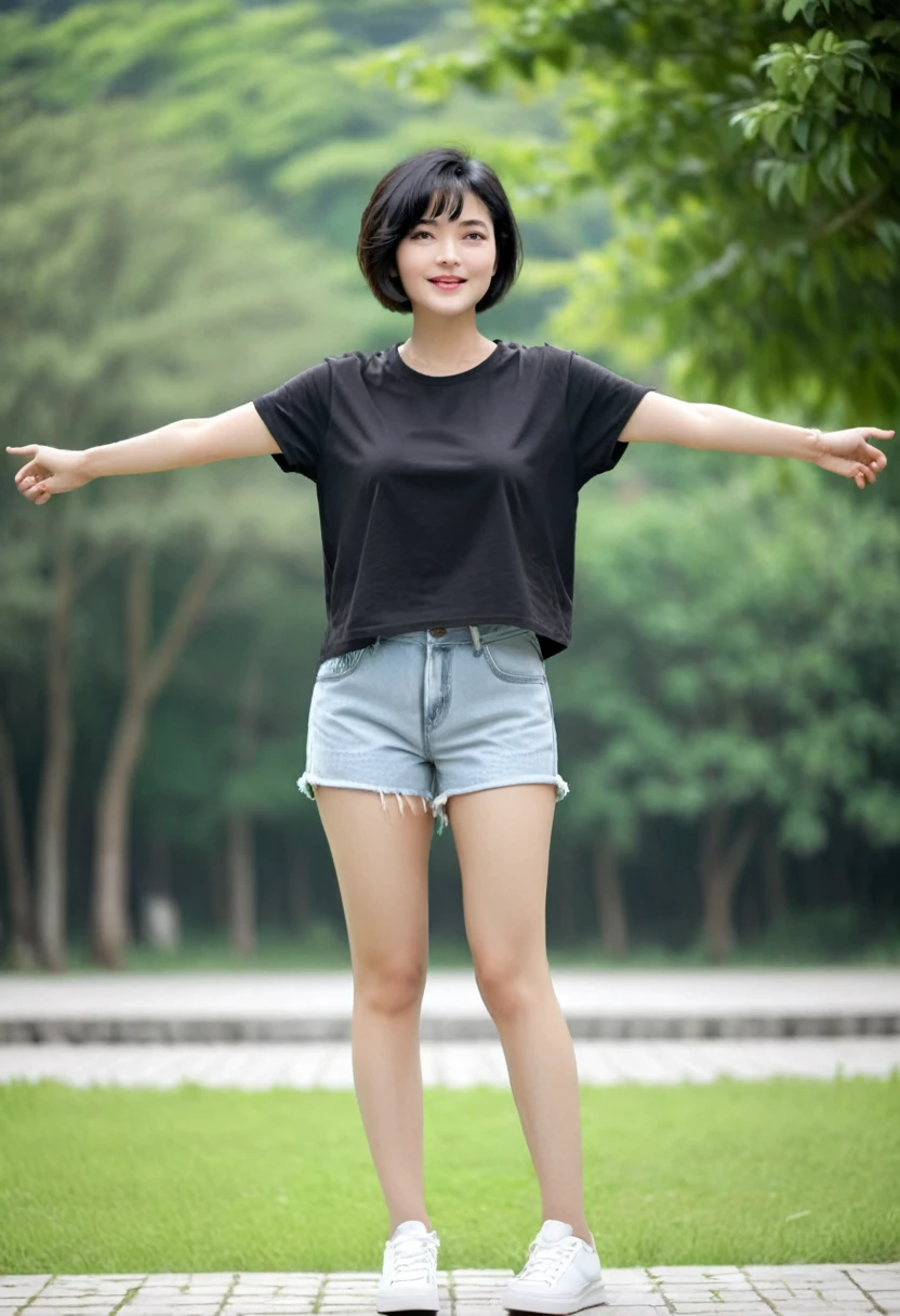 (best quality, 1 beautiful woman, short hair, black hair, wearing t-shirt and shorts, T-pose, full body shot, outdoor background)
