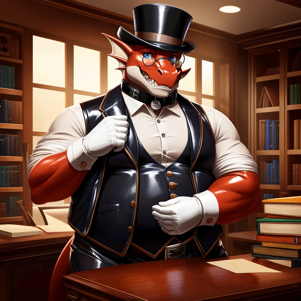 Solo, Male, fat, extremely obese, gentleman, dapper Professor Dragon, blue eyes, (posing:1.3), (soft shading), 4k, hi res, ((detailed face, detailed)), looking at viewer, mouth wide open, steampunk, dapper clothing, collared shirt with buttons, top hat, male focus, Explorer Outfit, glasses, monocle, vest with buttons, sleeves rolled up, round eyewear, brown headwear, brown vest, office, Dragon is wearing a glossy leather dog collar around the neck, Dragon is wearing the leather collar and shirt and vest at the same time, Dragon is wearing glossy white rubber gloves on the hands, wearing white rubber gloves on the feet, gloves are rubber in texture, clenching teeth, clenching fists, leather collar is glossy and shiny with a lot of detail, Dragon is wearing gloves and leather collar at the same time, leather collar has a round dog-tag, leather collar is thick and detailed, leather collar is glossy and shiny, fancy clothing, dapper vest, dapper shirt, leather collar is thick, glossy leather collar.