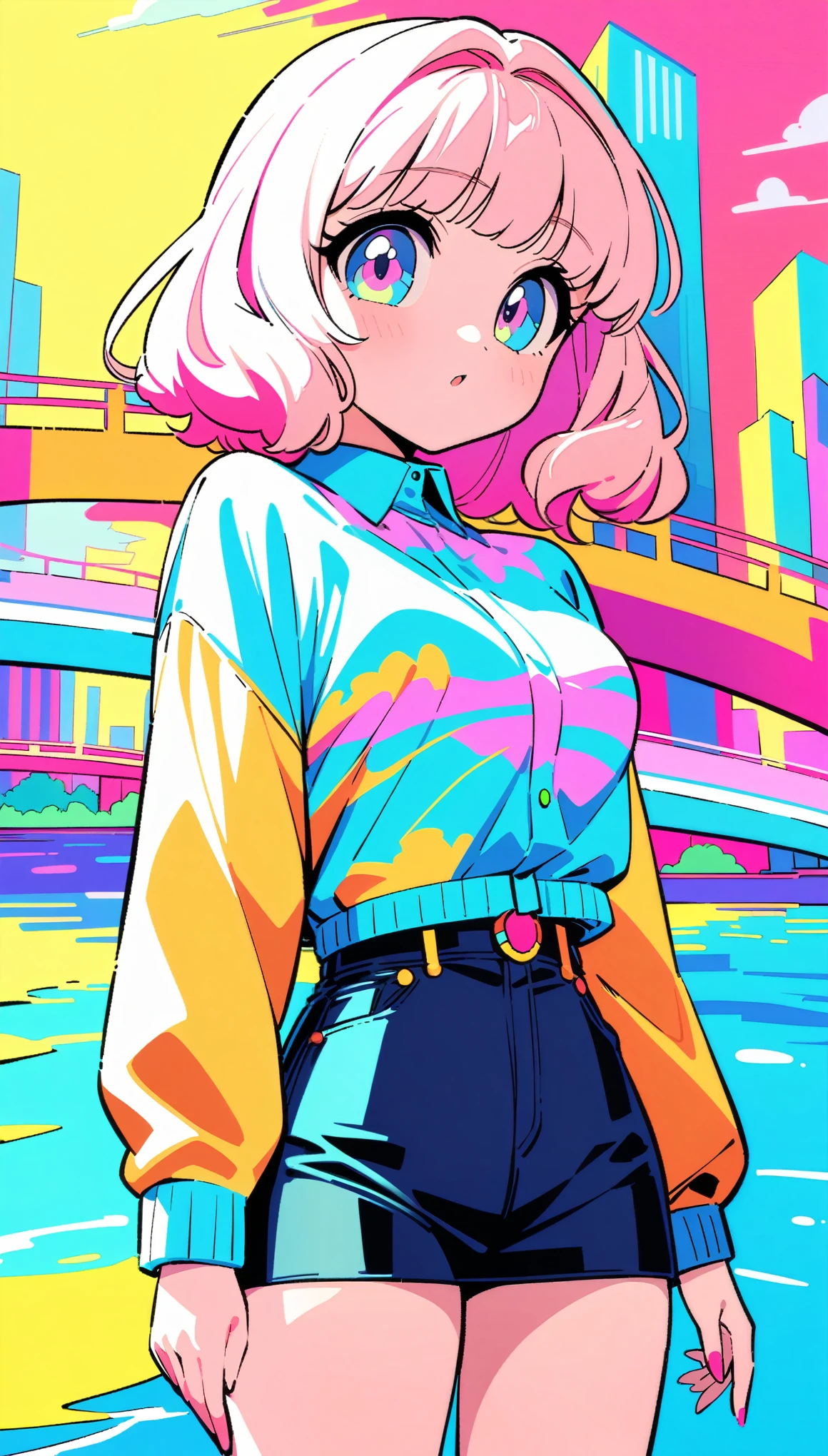 masterpiece, Highest quality, Beautiful attention to detail, Very detailed, In detail, High resolution, Perfect Anatomy, colorful, pastel colour, One girl, alone, (City pop illustrations), (City Pop Art), Simple Background, Retro Style, (Vaporwave City Pop), (1980s City Pop), (City Pop Anime), (river, bridge), Retro Style, 1980s Fashion, Cowboy Shot,
