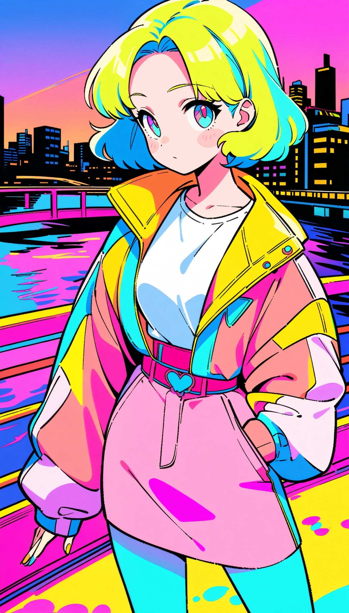 masterpiece, Highest quality, Beautiful attention to detail, Very detailed, In detail, High resolution, Perfect Anatomy, colorful, pastel colour, One girl, alone, (City pop illustrations), (City Pop Art), Simple Background, Retro Style, (Vaporwave City Pop), (1980s City Pop), (City Pop Anime), (river, bridge), Retro Style, 1980s Fashion, Cowboy Shot,