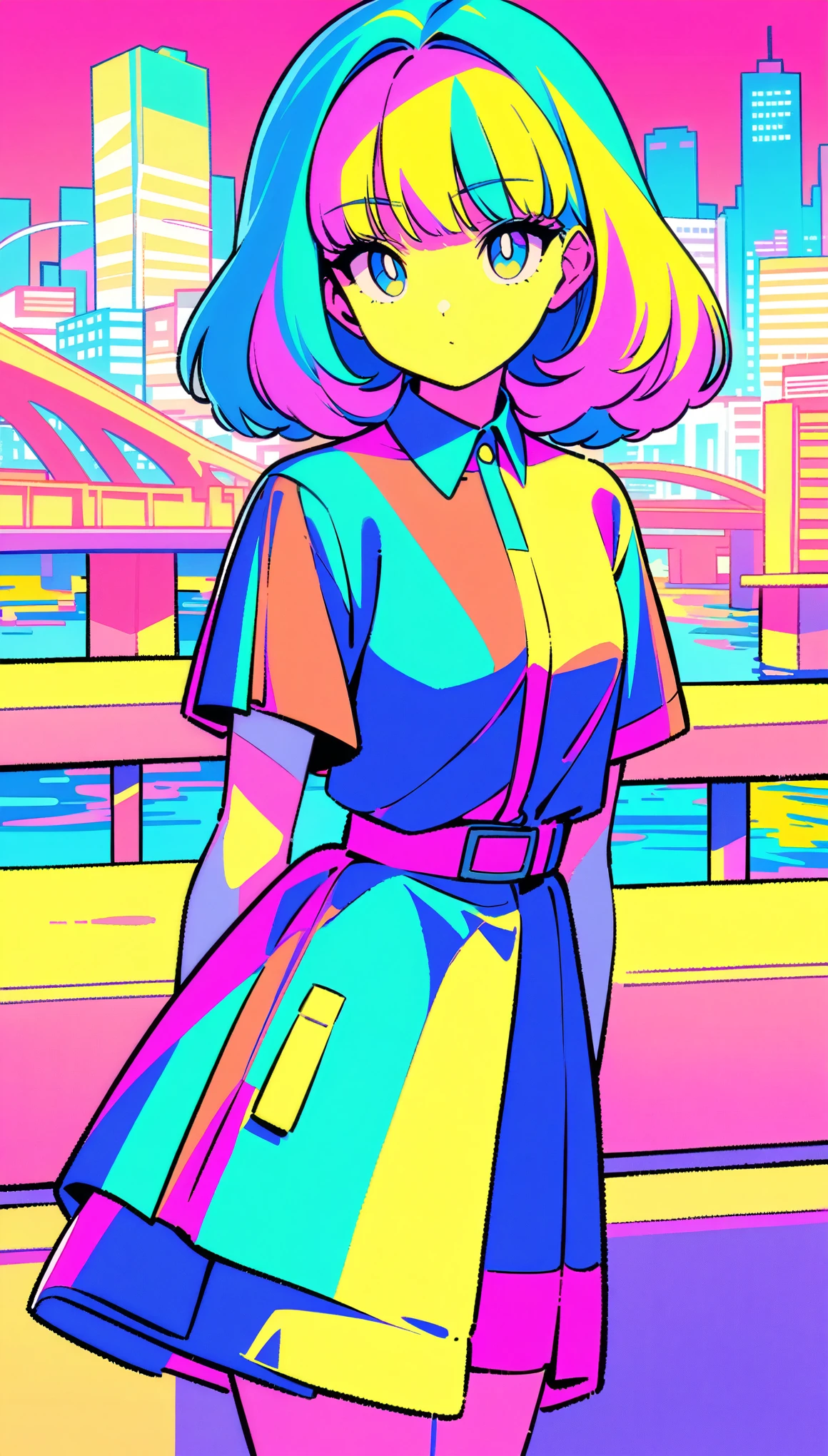 masterpiece, Highest quality, Beautiful attention to detail, Very detailed, In detail, High resolution, Perfect Anatomy, colorful, pastel colour, One girl, alone, (City pop illustrations), (City Pop Art), Simple Background, Retro Style, (Vaporwave City Pop), (1980s City Pop), (City Pop Anime), (river, bridge), Retro Style, 1980s Fashion, Cowboy Shot,