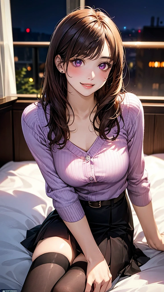 (masterpiece:1.2, top-quality), (realistic, photorealistic:1.4), beautiful illustration, (natural side lighting, movie lighting), nsfw,
looking at viewer, 1 girl, university student, perfect face, cute and symmetrical face, shiny skin,
(long hair:1.2, half updo:1.5, sideburns:1.8, burnt umber hair), asymmetrical bangs, purple eyes, drooping eyes, big eyes, long eye lasher, (medium breasts, thin thighs), slender,
beautiful detailed hair, beautiful detailed face, beautiful detailed eyes, beautiful clavicle, beautiful body, beautiful chest, beautiful thigh, beautiful legs, beautiful fingers,
(purple open front cardigan, white knit camisole, dark brown skater skirt, belt), black thigh-highs, skin dendation,
(beautiful scenery), night, (hotel bedroom, window), sitting, (lovely smile, upper eyes, parted lips),