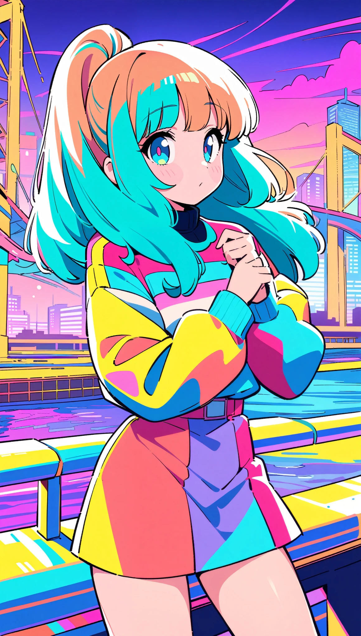 masterpiece, Highest quality, Beautiful attention to detail, Very detailed, In detail, High resolution, Perfect Anatomy, colorful, pastel colour, One girl, alone, (City pop illustrations), (City Pop Art), Simple Background, Retro Style, (Vaporwave City Pop), (1980s City Pop), (City Pop Anime), (river, bridge), Retro Style, 1980s Fashion, Cowboy Shot,