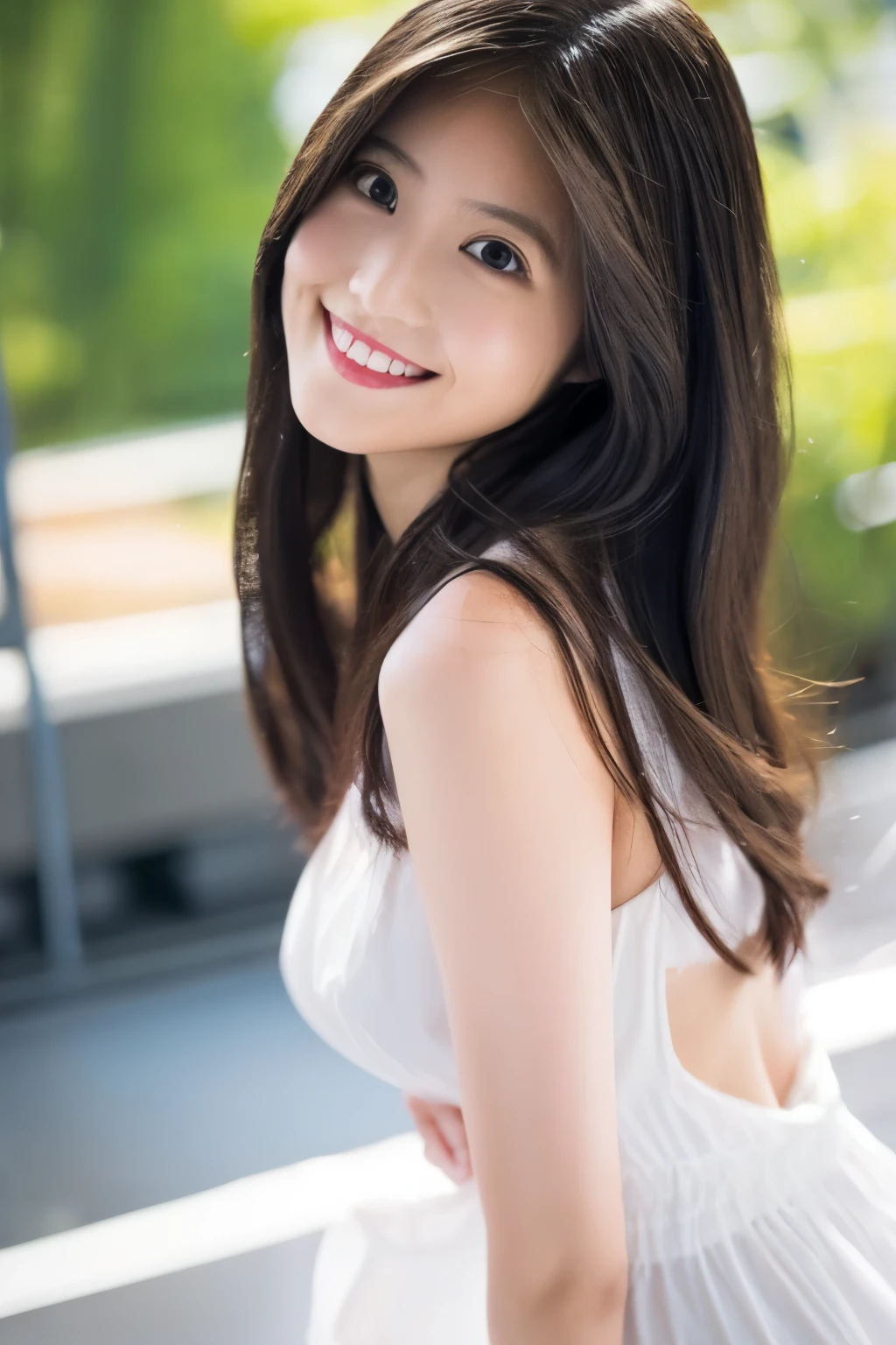 masterpiece, best quality, ultra high res, ultra detailed, sharp focus, 1girl, solo, a stunning pretty and beautiful Japanese sexy model, 19yo, looking at viewer:1.3, (bright smile:0.6), wearing a (blouse), dusk, sunset, night, realistic, slender, (standing:1.1), (looking at the viewer:1.3), sexy gaze, blush, (upper body shot:1.6), medium hair, messy hair, asymmetrical bangs, light brown hair, messy hair style, ((Pure white tank top、Hands behind head、smile:1.5、Clothes are see-through))