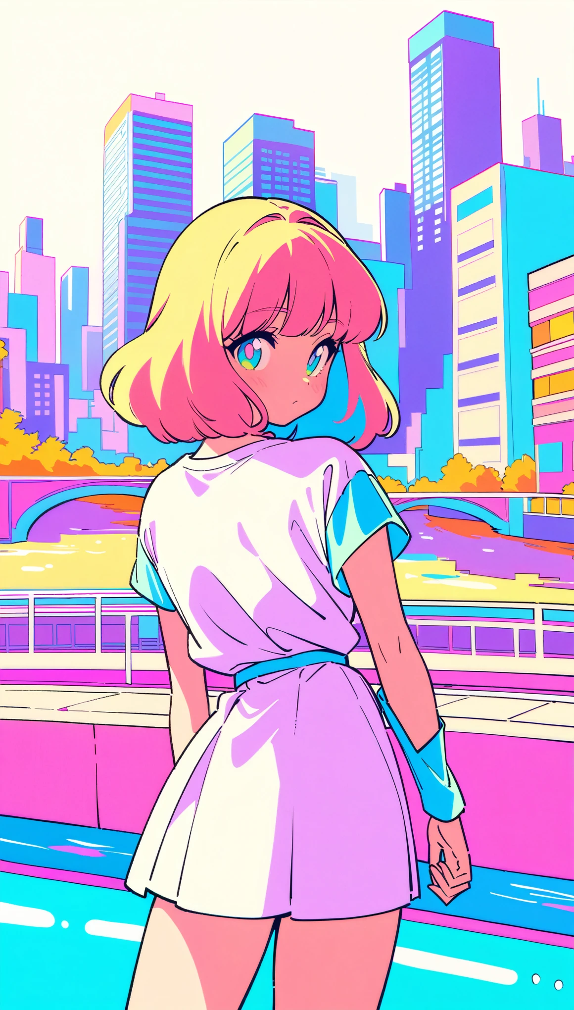 masterpiece, Highest quality, Beautiful attention to detail, Very detailed, In detail, High resolution, Perfect Anatomy, colorful, pastel colour, One girl, alone, (City pop illustrations), (City Pop Art), Simple Background, Retro Style, (Vaporwave City Pop), (1980s City Pop), (City Pop Anime), (river, bridge), Retro Style, 1980s Fashion, Cowboy Shot,