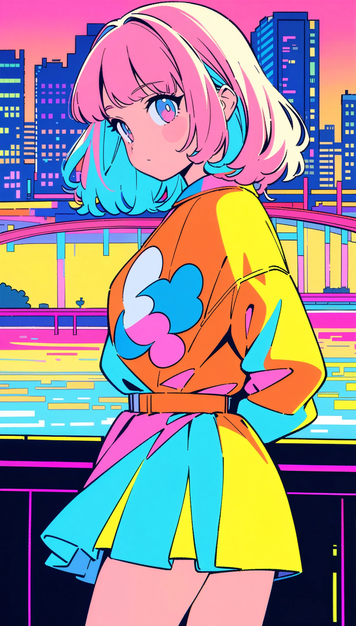 masterpiece, Highest quality, Beautiful attention to detail, Very detailed, In detail, High resolution, Perfect Anatomy, colorful, pastel colour, One girl, alone, (City pop illustrations), (City Pop Art), Simple Background, Retro Style, (Vaporwave City Pop), (1980s City Pop), (City Pop Anime), (river, bridge), Retro Style, 1980s Fashion, Cowboy Shot,