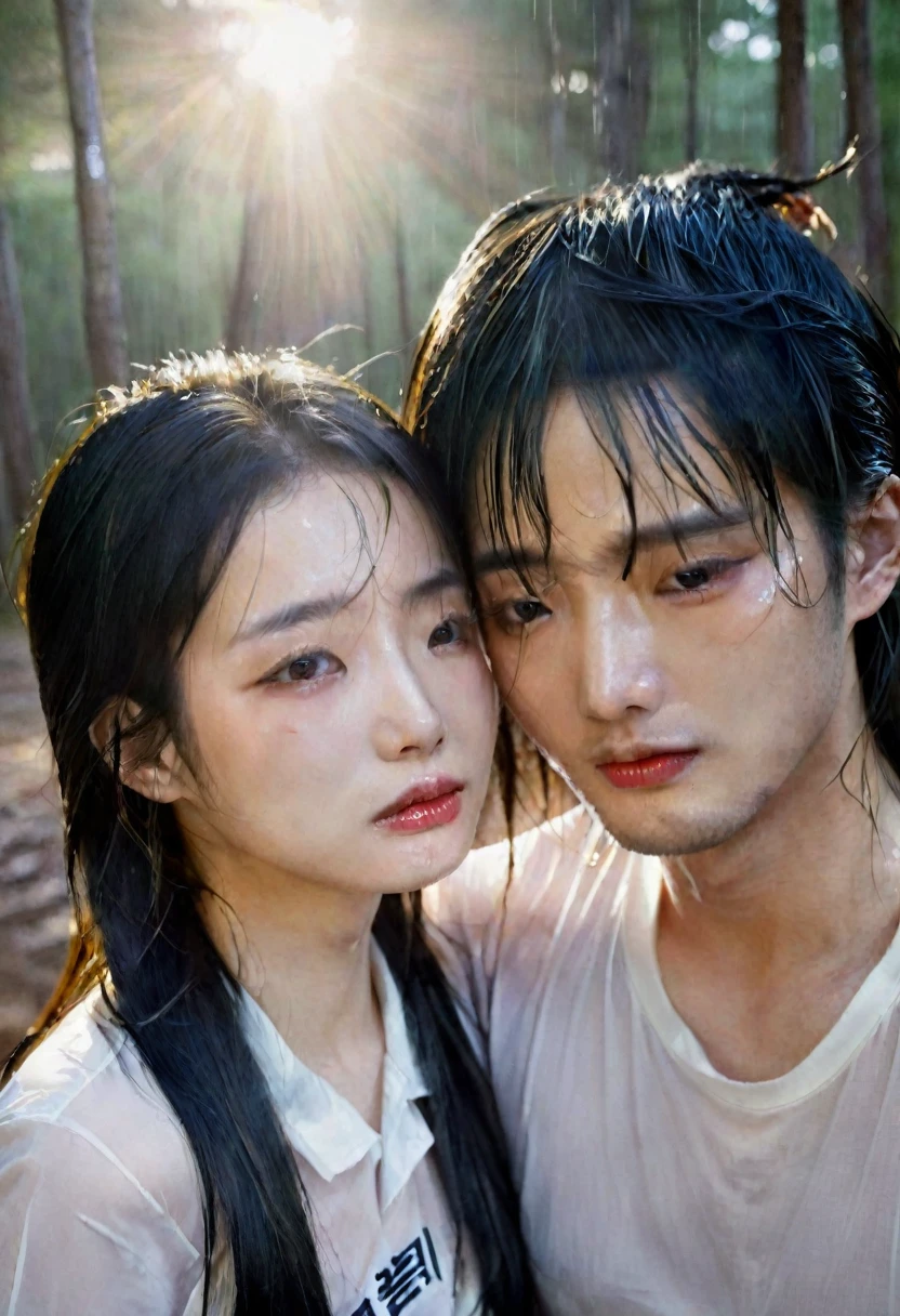 Romantic couple, a Chinese woman, frowning eyebrows, eyes closed (tears coming out), mouth open, face face up, with a shirt (wet white), black and gold. behind him was a young man Korean man hugs her. wet hair. in the forest. cry