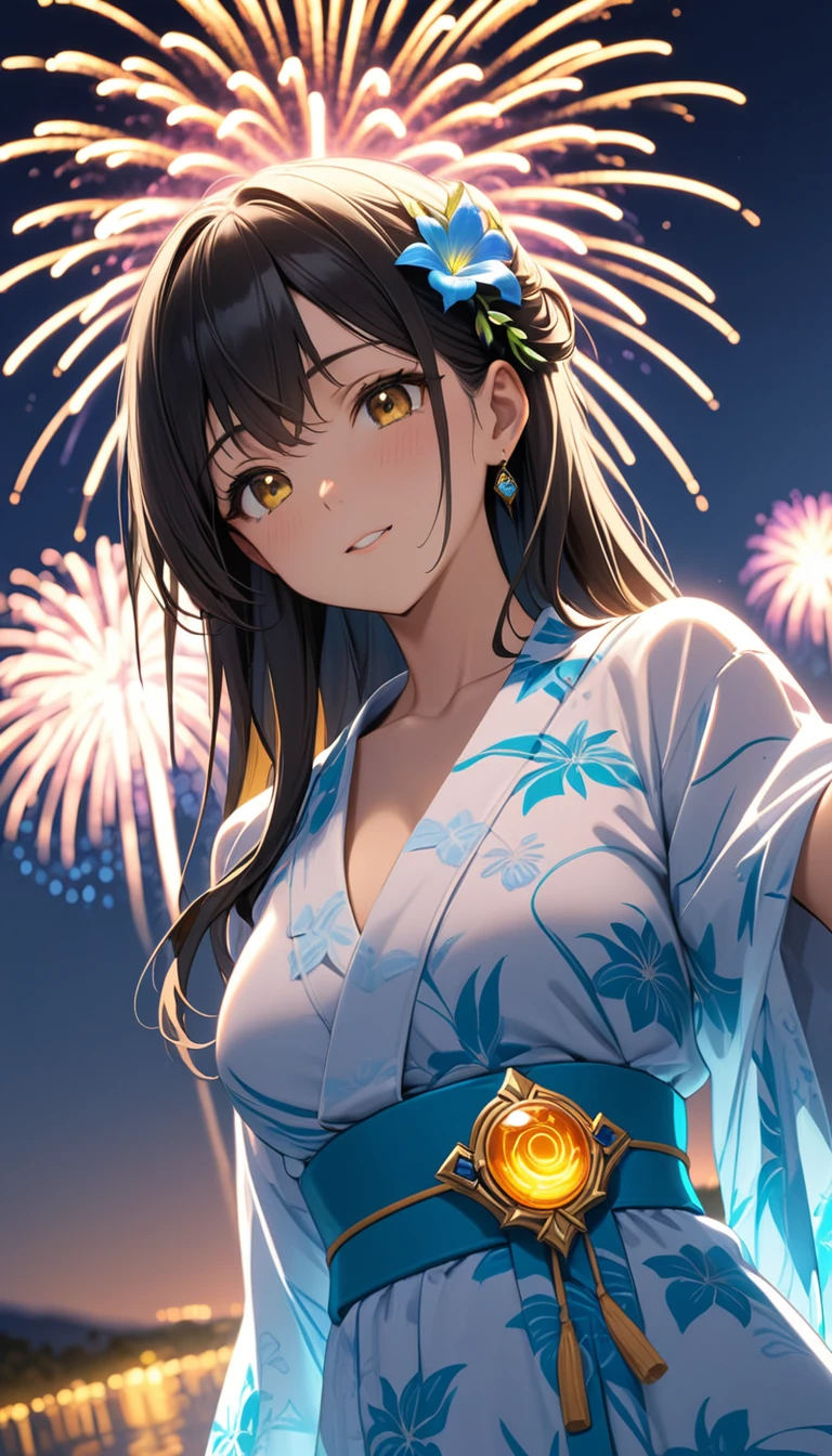 ((Highest quality)), ((masterpiece)), (detailed), Summer fireworks、A black-haired girl in a summery yukata、Blue and yellow contrast、Side Angle、Vision、